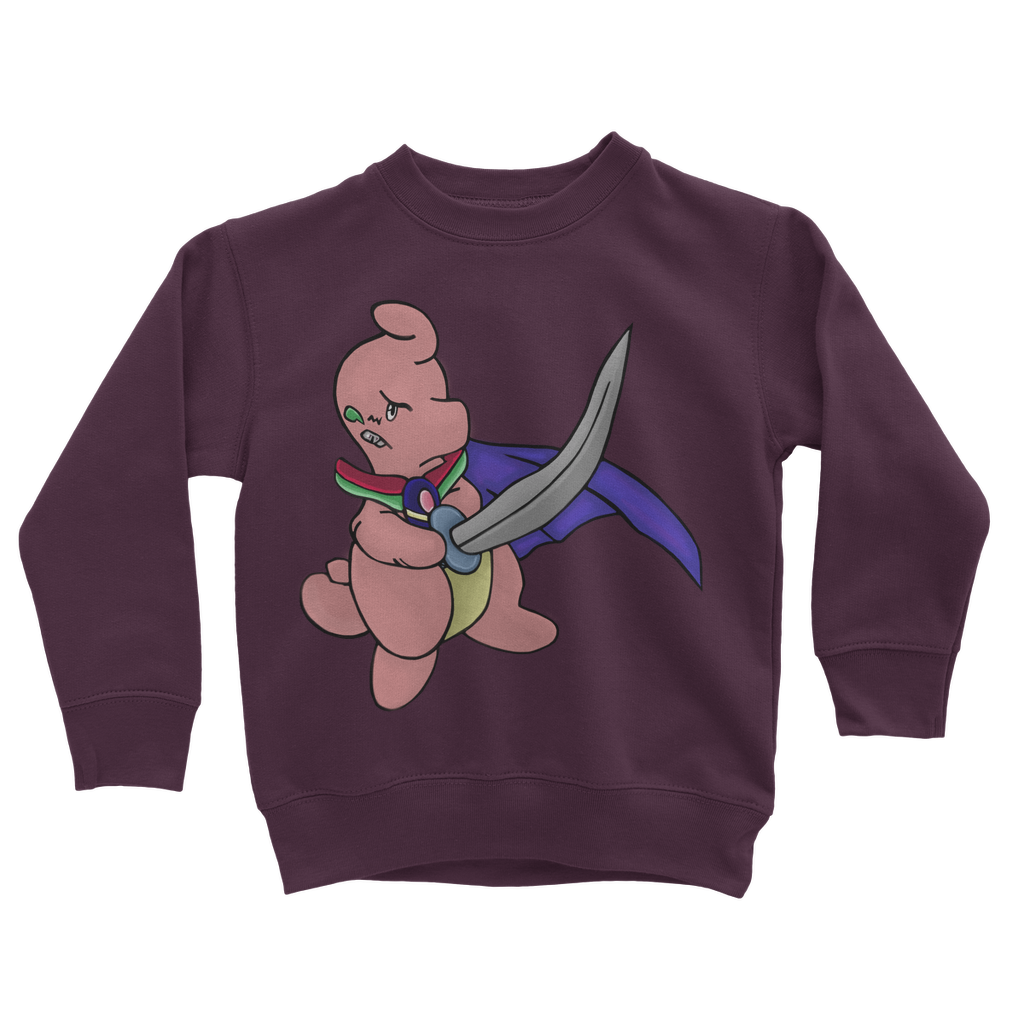 Curswordsman Classic Kids Sweatshirt in various colors, featuring a crew neck and ribbed cuffs.