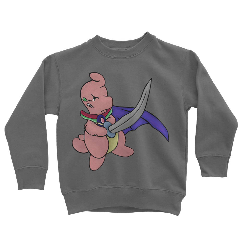 Curswordsman Classic Kids Sweatshirt in various colors, featuring a crew neck and ribbed cuffs.