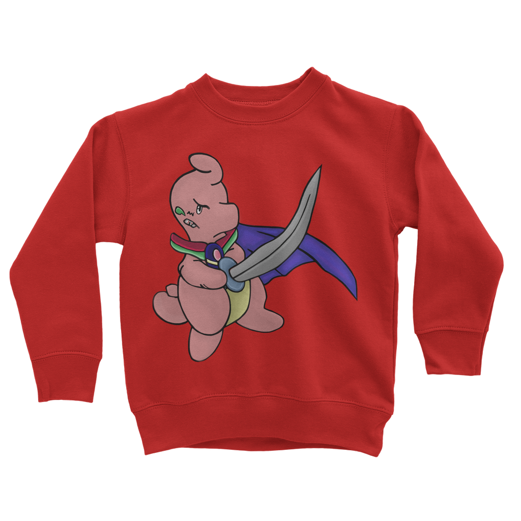 Curswordsman Classic Kids Sweatshirt in various colors, featuring a crew neck and ribbed cuffs.