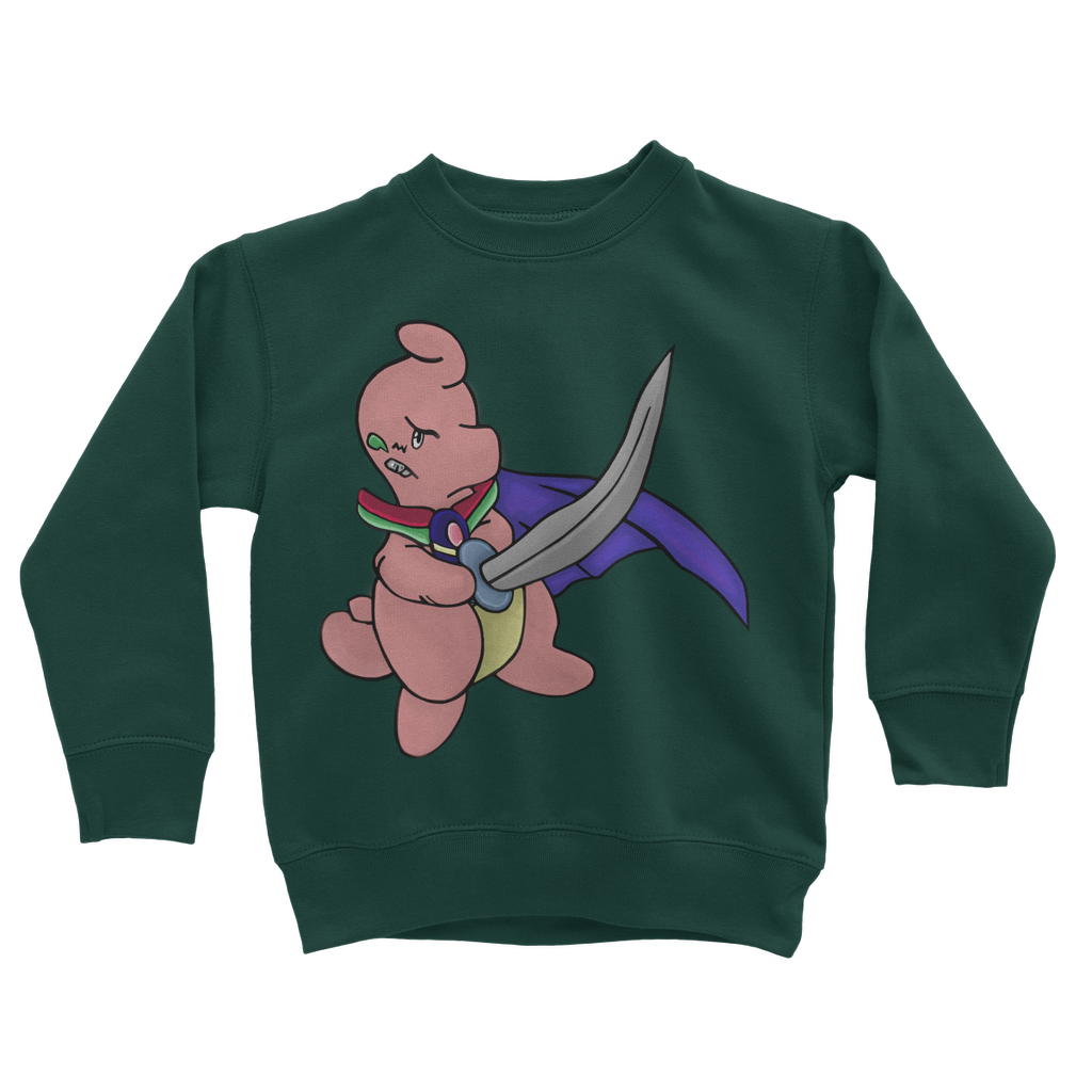 Curswordsman Classic Kids Sweatshirt in various colors, featuring a crew neck and ribbed cuffs.
