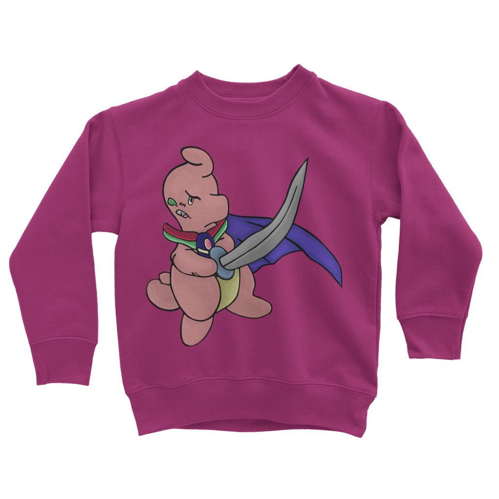 Curswordsman Classic Kids Sweatshirt in various colors, featuring a crew neck and ribbed cuffs.