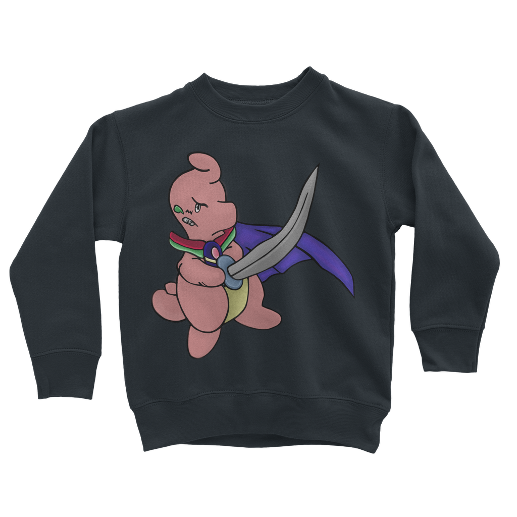 Curswordsman Classic Kids Sweatshirt in various colors, featuring a crew neck and ribbed cuffs.