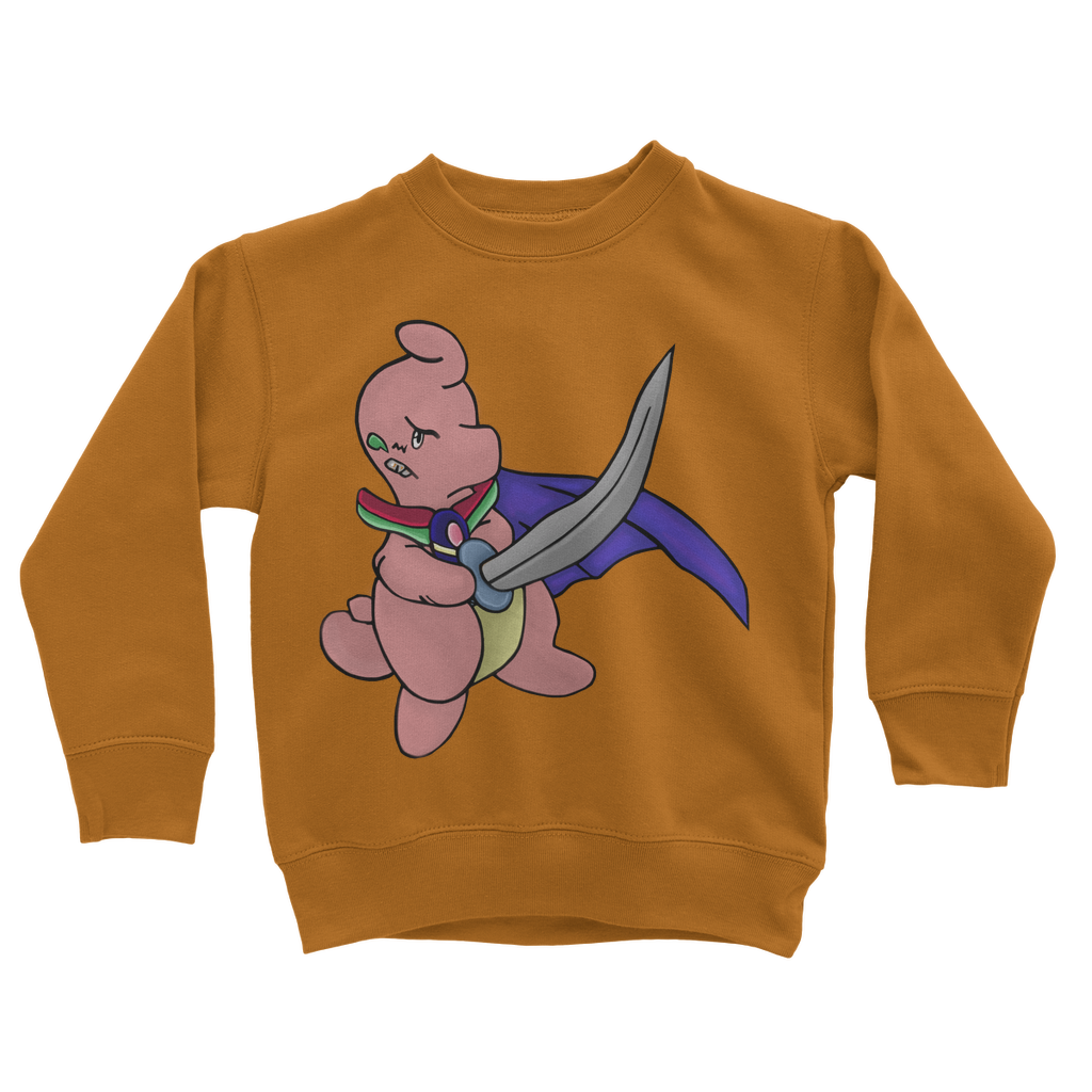 Curswordsman Classic Kids Sweatshirt in various colors, featuring a crew neck and ribbed cuffs.