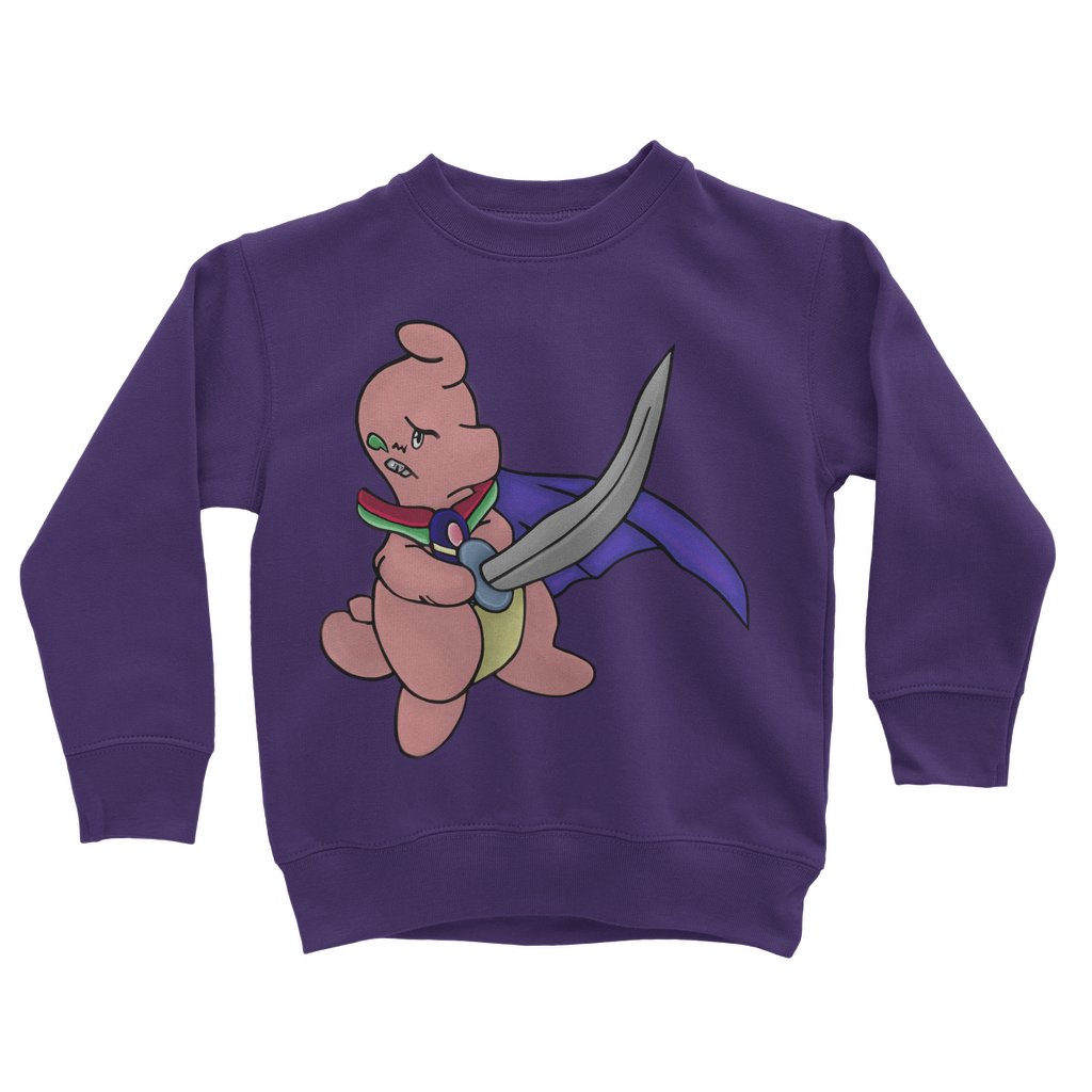 Curswordsman Classic Kids Sweatshirt in various colors, featuring a crew neck and ribbed cuffs.