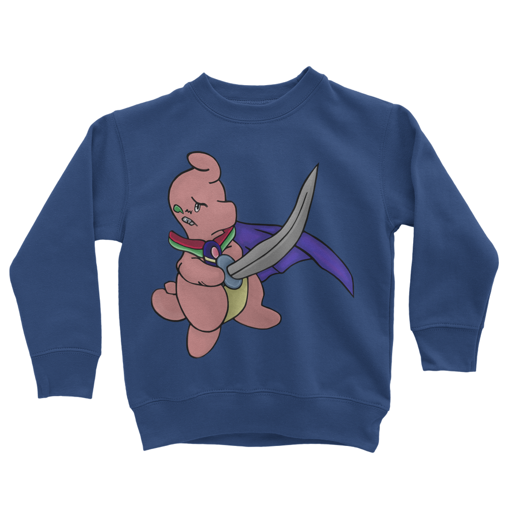 Curswordsman Classic Kids Sweatshirt in various colors, featuring a crew neck and ribbed cuffs.