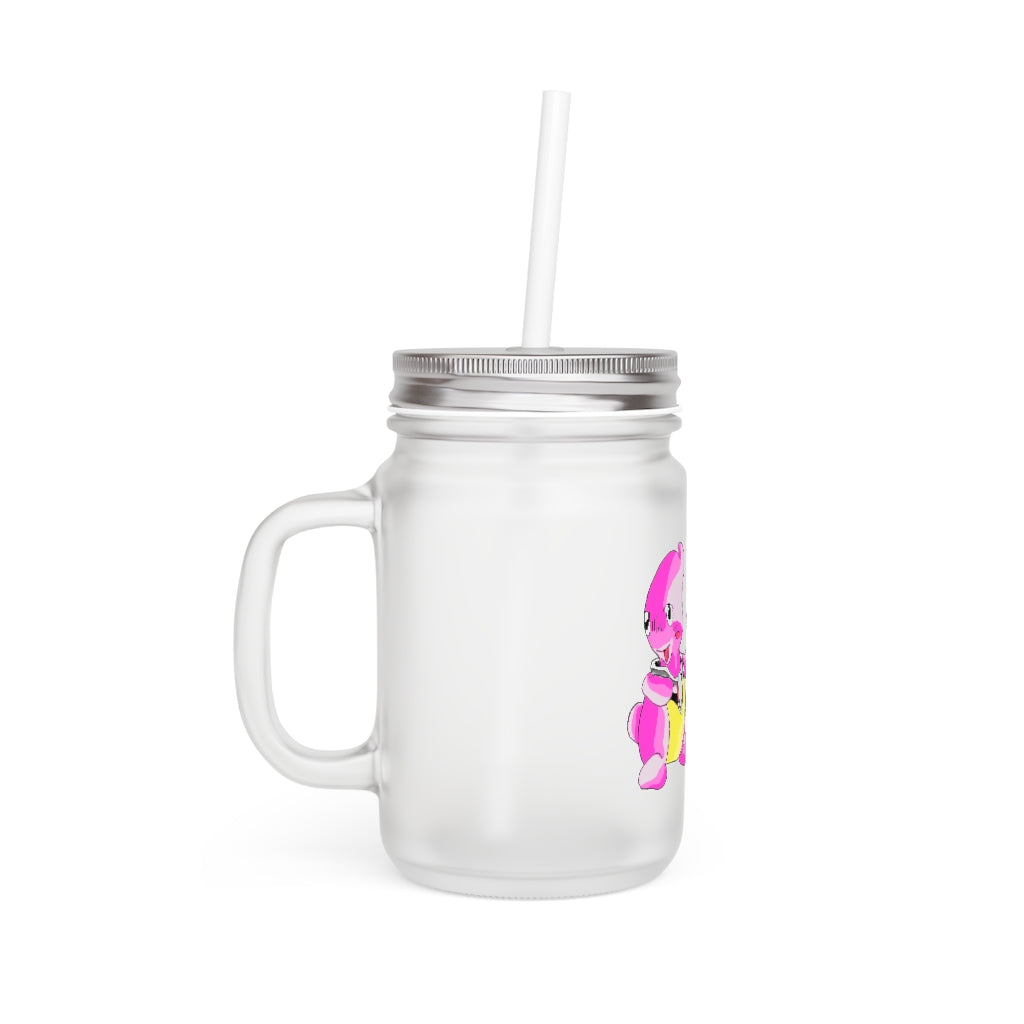 A personalized Curswordsman Mason Jar made of frosted glass, featuring a straw and lid, perfect for drinks.