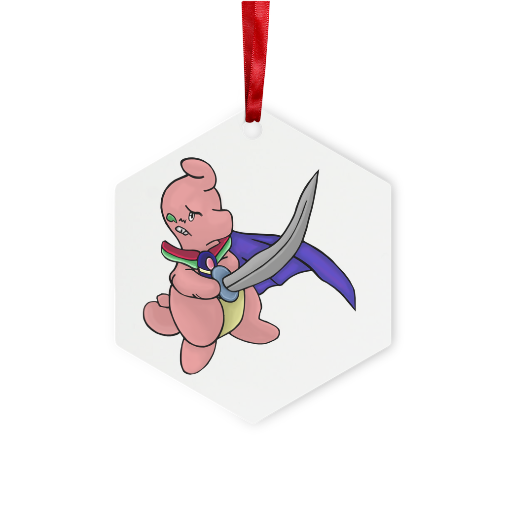 Curswordsman Metal Hanging Ornament in hexagon and star shapes, featuring a glossy white finish and red ribbon.