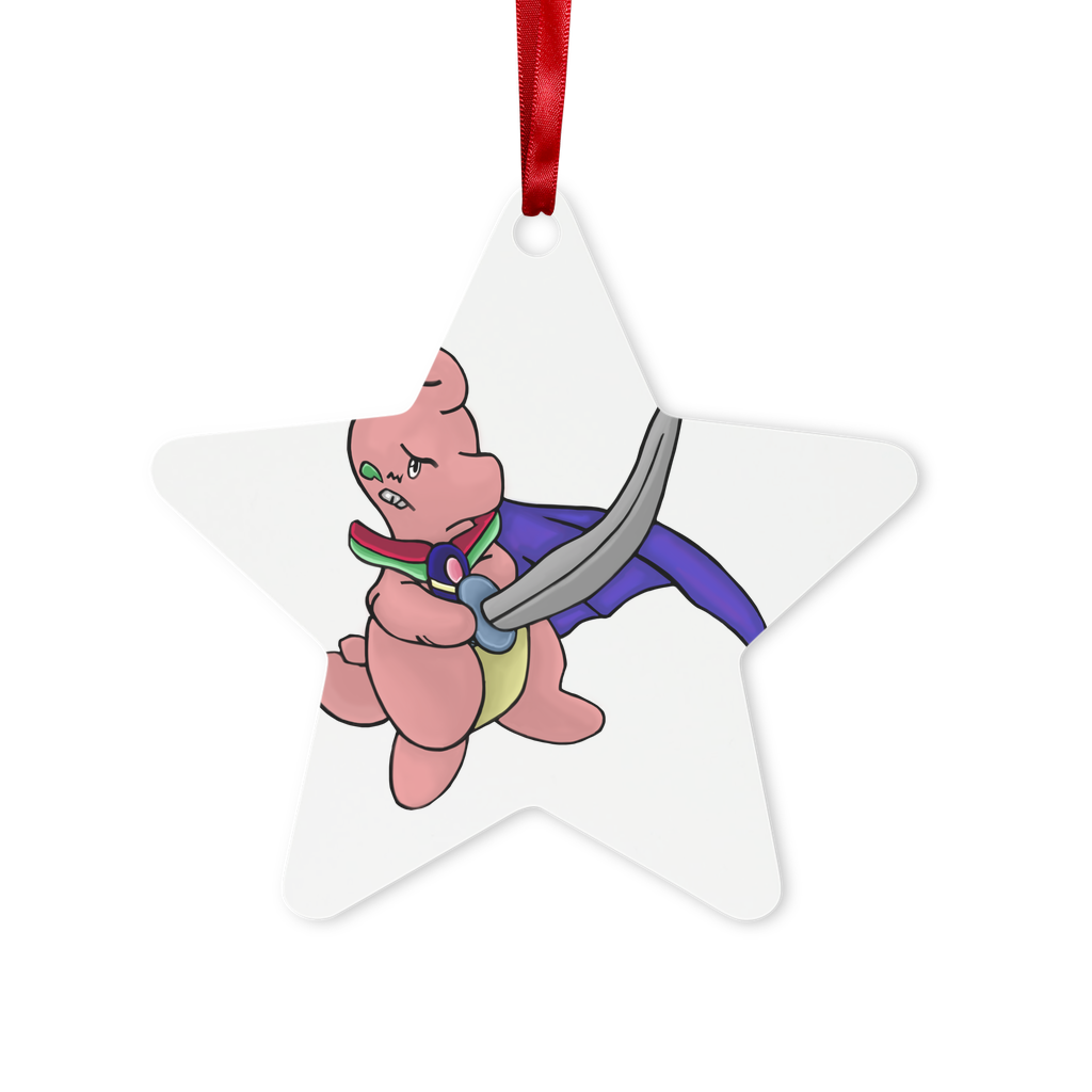 Curswordsman Metal Hanging Ornament in hexagon and star shapes, featuring a glossy white finish and red ribbon.