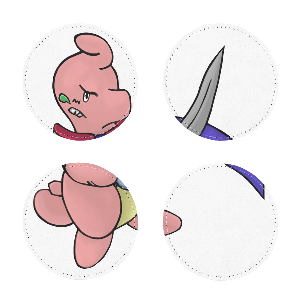 Pack of four Curswordsman sublimation coasters made of PU leather, featuring a white printable face and white stitching.