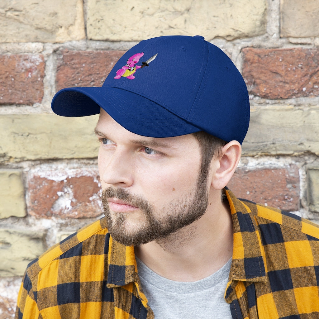 Curswordsman Unisex Twill Hat in solid color, showcasing its 6-panel structure and adjustable Velcro® closure.