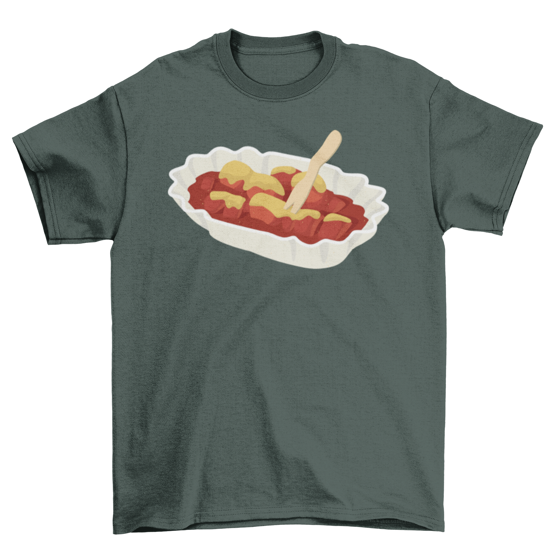 Currywurst Illustration T-shirt featuring a colorful design of the German fast food dish.