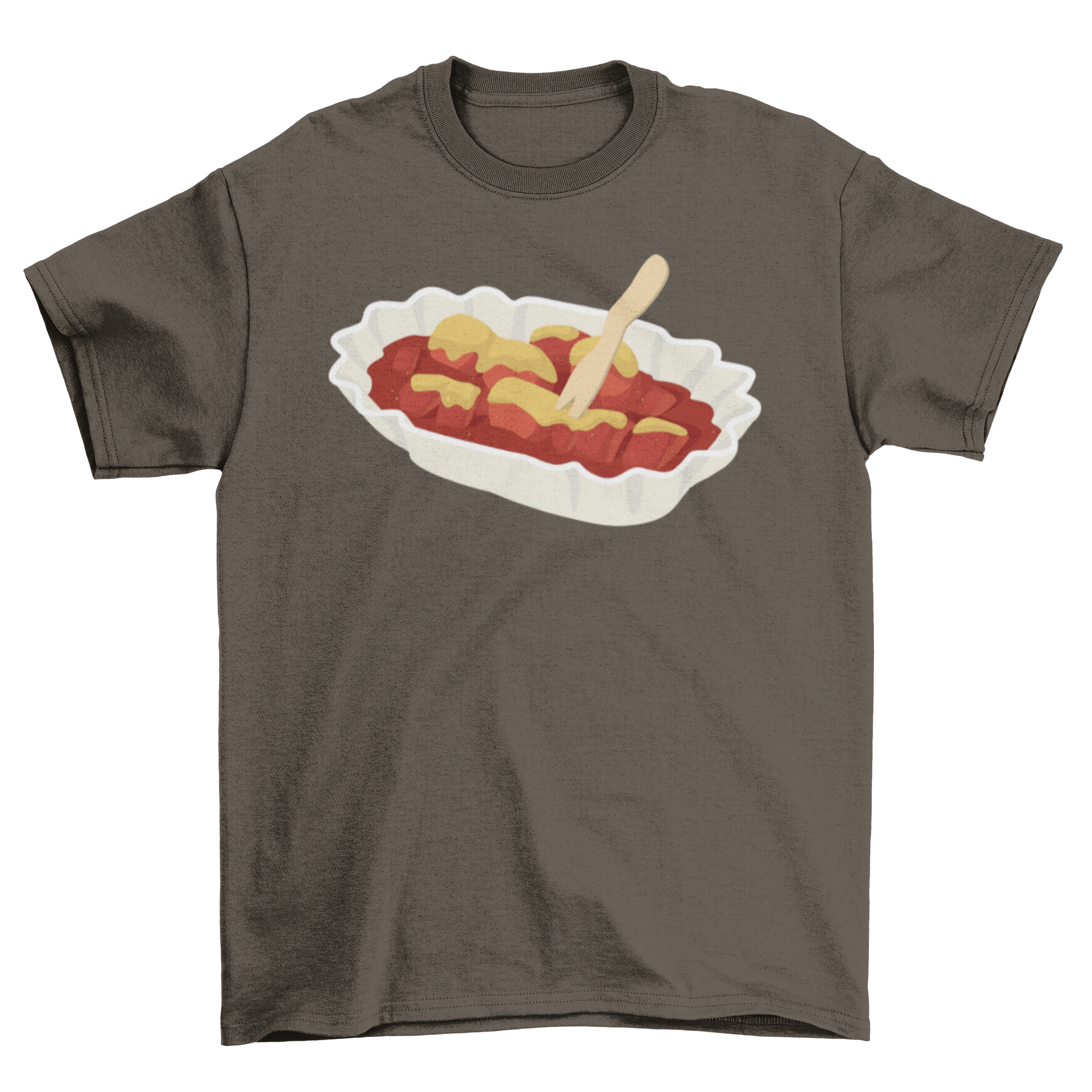 Currywurst Illustration T-shirt featuring a colorful design of the German fast food dish.