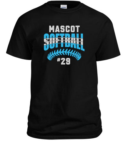 Customizable softball shirt featuring team colors and mascot design, perfect for players and fans.