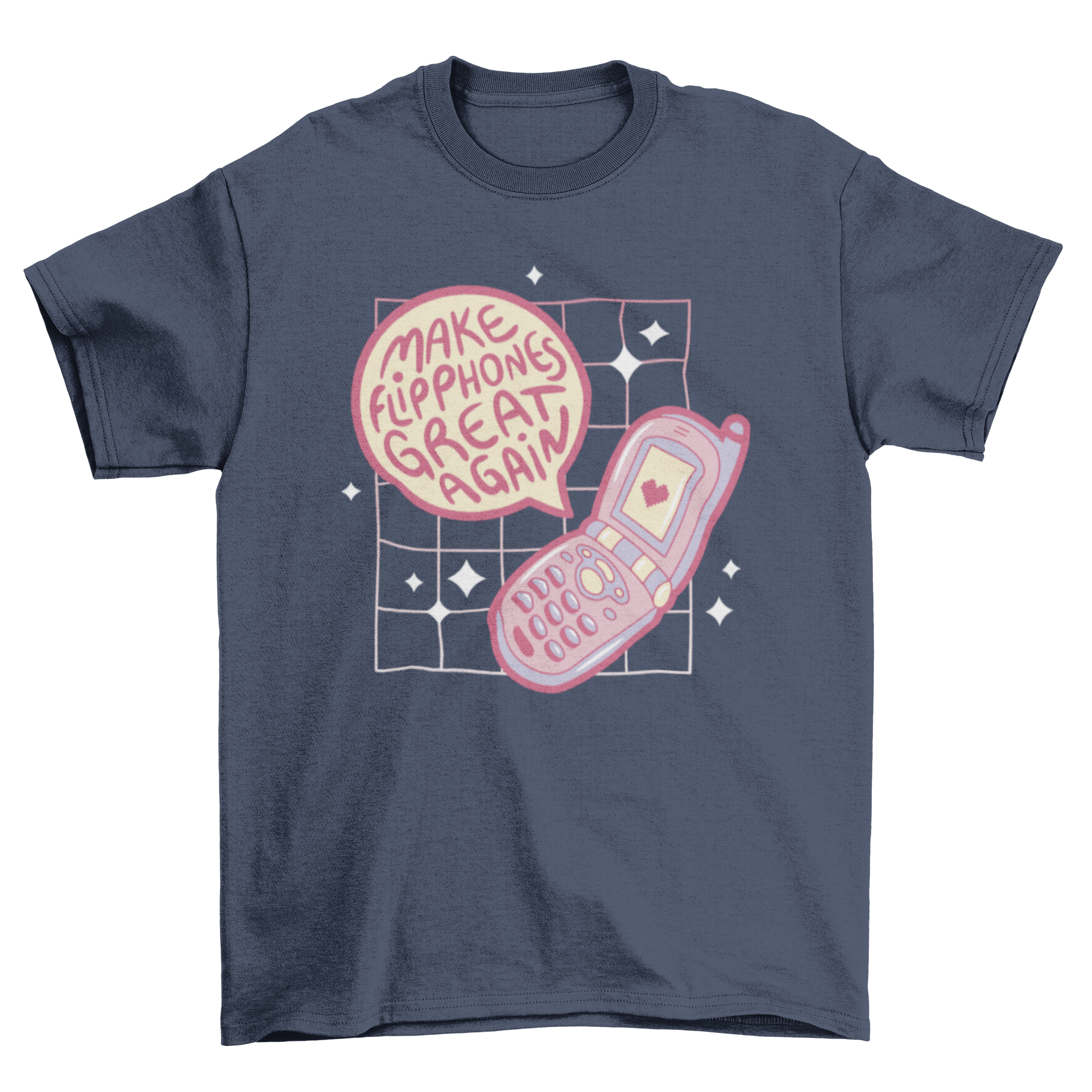 Cute pink t-shirt featuring a retro flip phone design and the quote 'Make flipphones great again'.