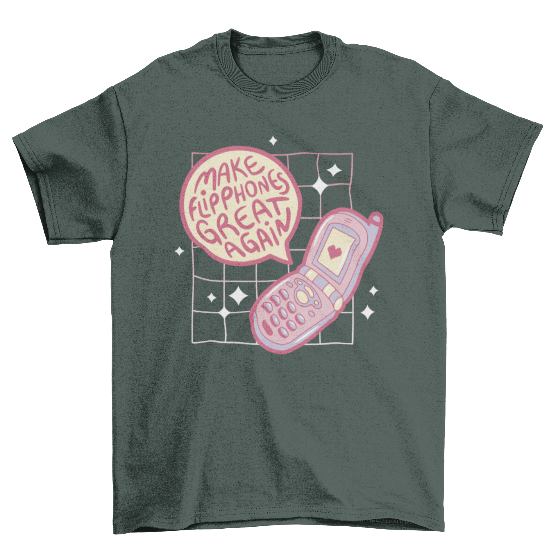 Cute pink t-shirt featuring a retro flip phone design and the quote 'Make flipphones great again'.