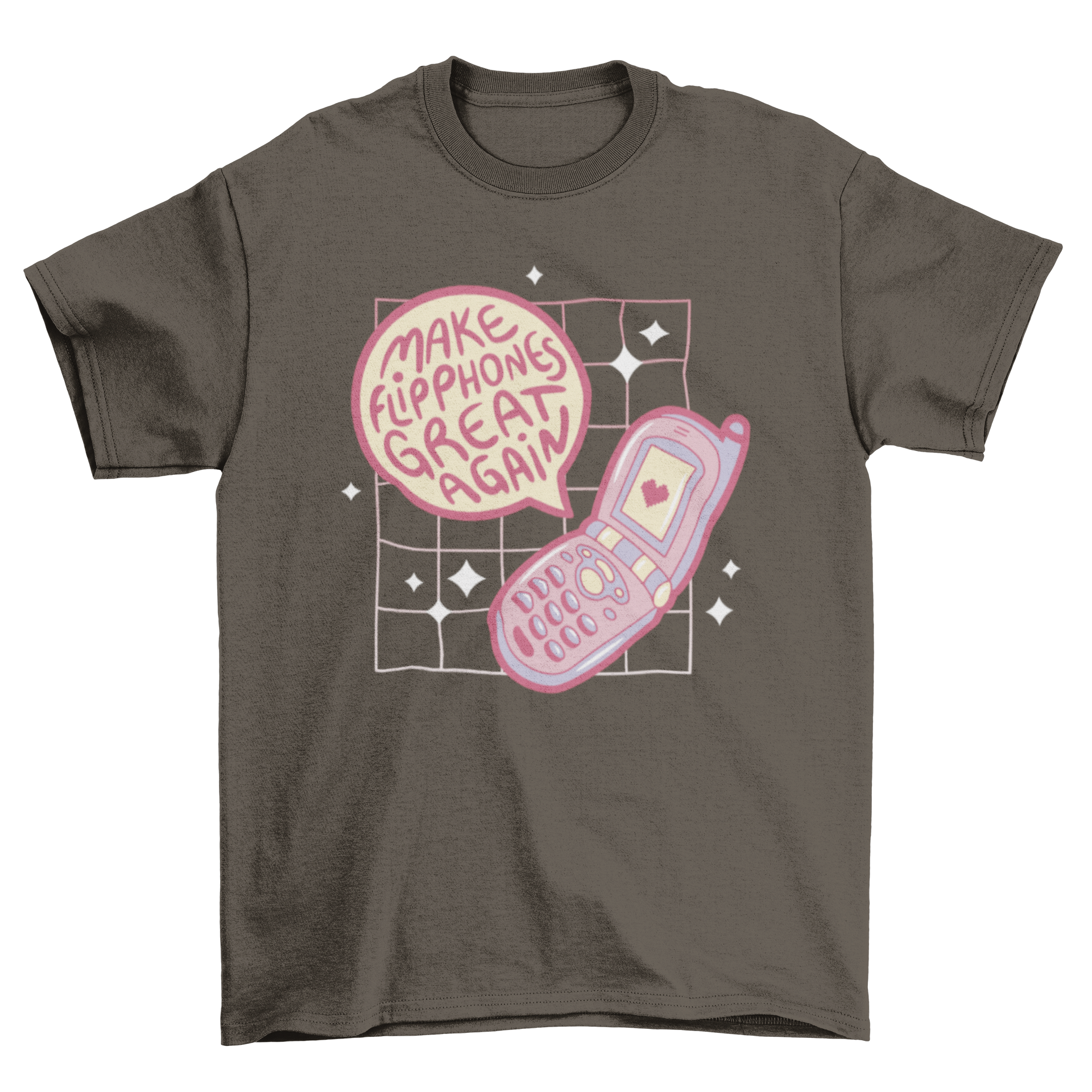 Cute pink t-shirt featuring a retro flip phone design and the quote 'Make flipphones great again'.