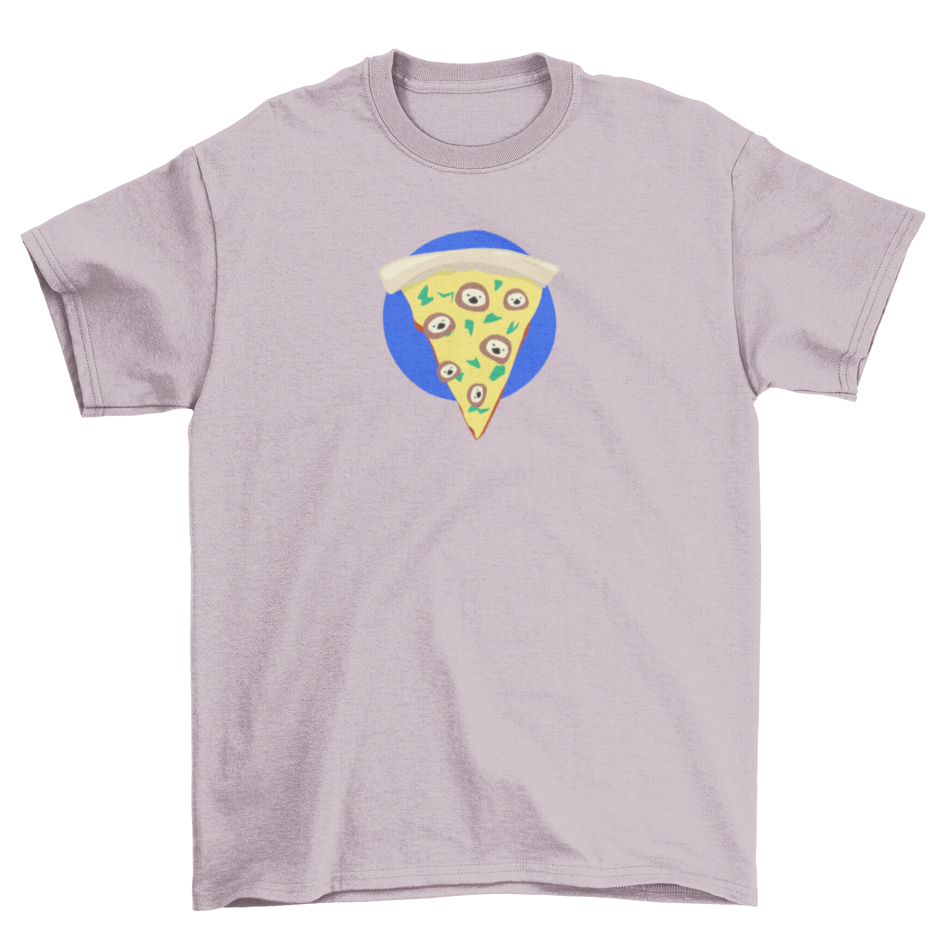 A colorful t-shirt featuring a pizza slice design with cute sloth faces doodled all over it, perfect for food lovers.