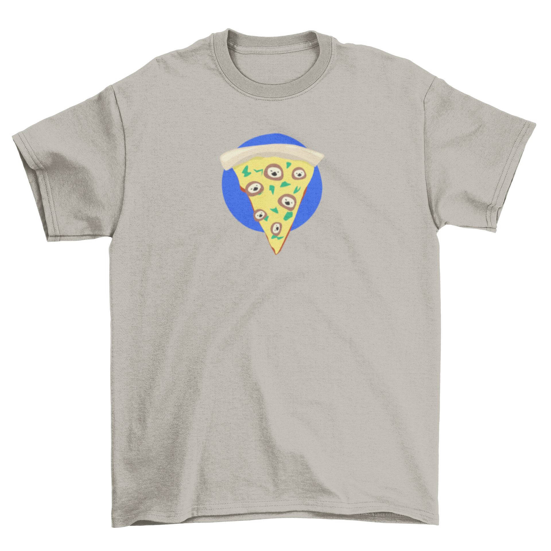 A colorful t-shirt featuring a pizza slice design with cute sloth faces doodled all over it, perfect for food lovers.
