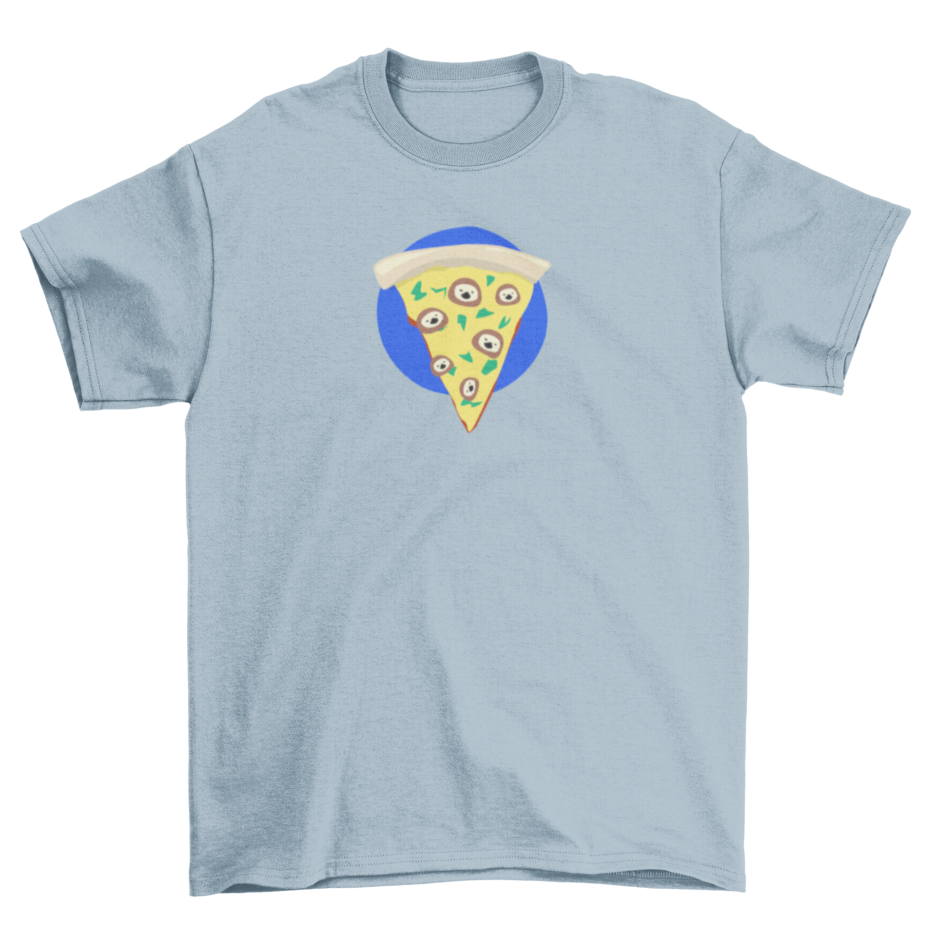 A colorful t-shirt featuring a pizza slice design with cute sloth faces doodled all over it, perfect for food lovers.