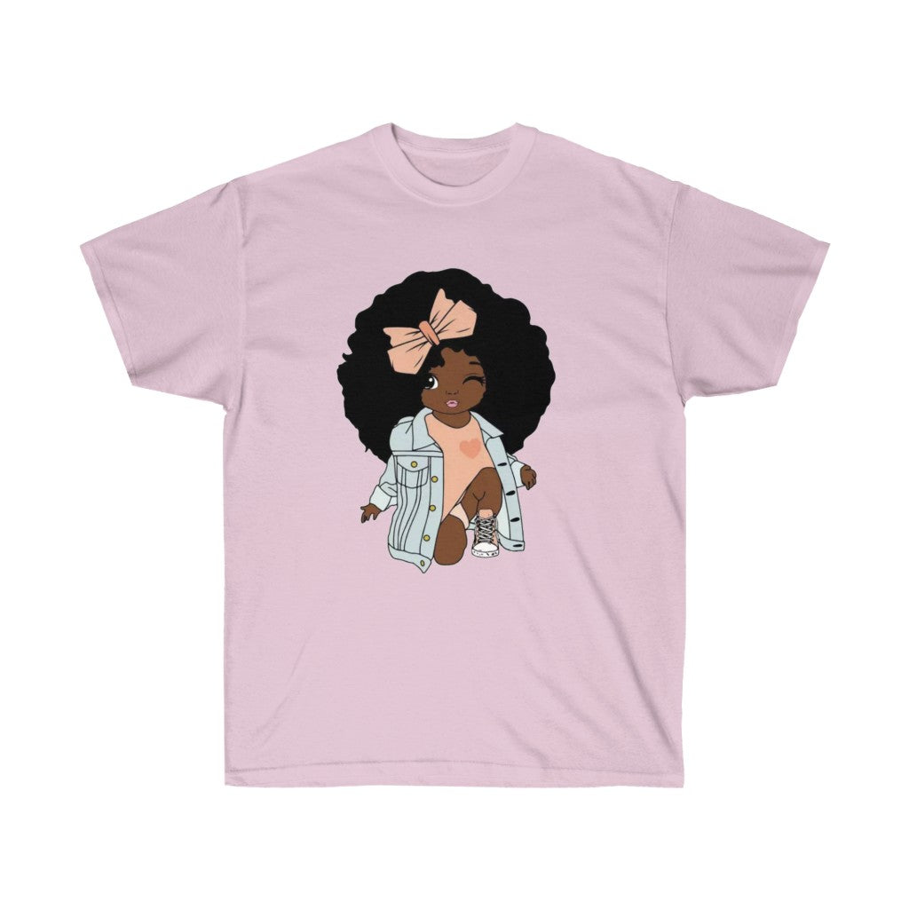 Cute Afro Black girl wearing a stylish jeans jacket t-shirt, showcasing vibrant colors and a modern design.