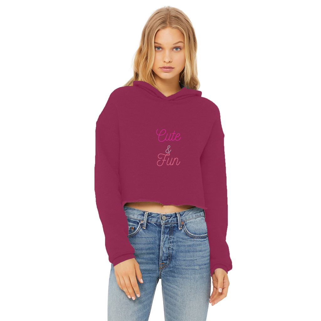 Cute and Fun Ladies Cropped Raw Edge Hoodie in various colors, showcasing its stylish design and raw edge hem.
