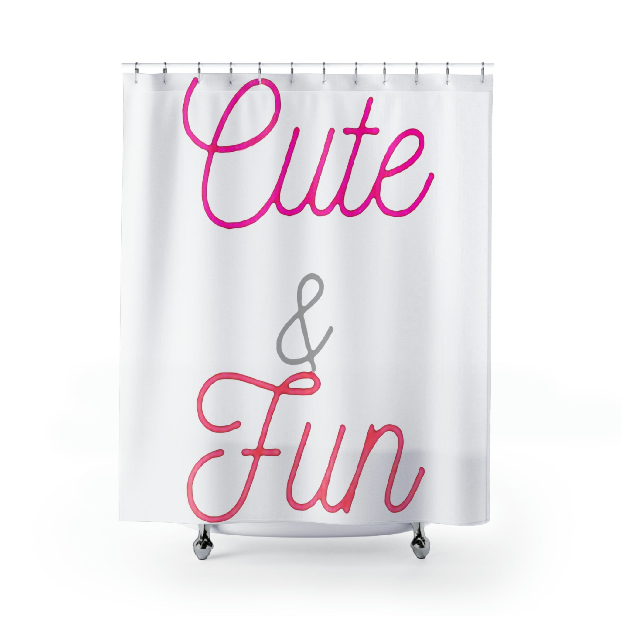 A colorful and playful shower curtain featuring unique designs, made from durable polyester, hanging in a bright bathroom setting.