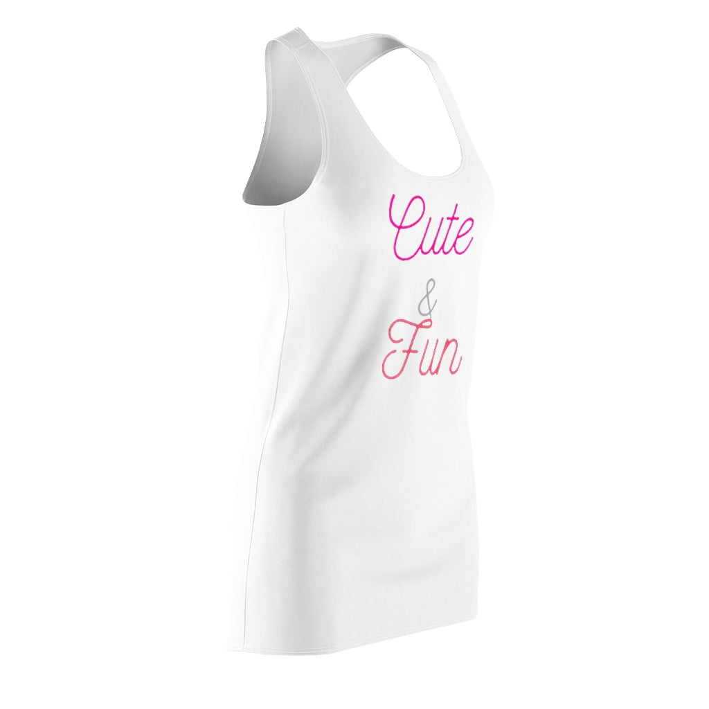 A stylish women's racerback dress featuring a colorful all-over print, designed for comfort and a flattering fit.