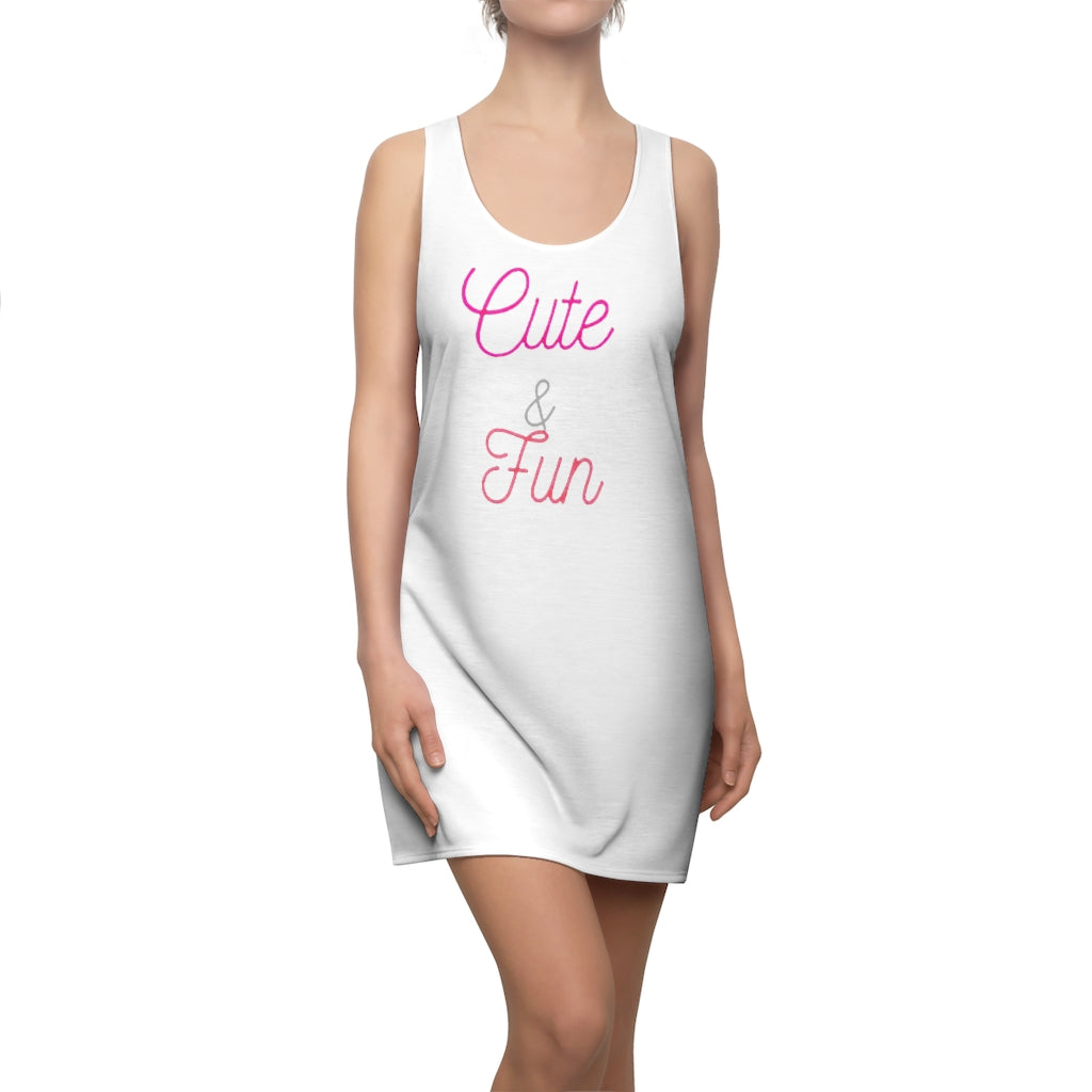 A stylish women's racerback dress featuring a colorful all-over print, designed for comfort and a flattering fit.