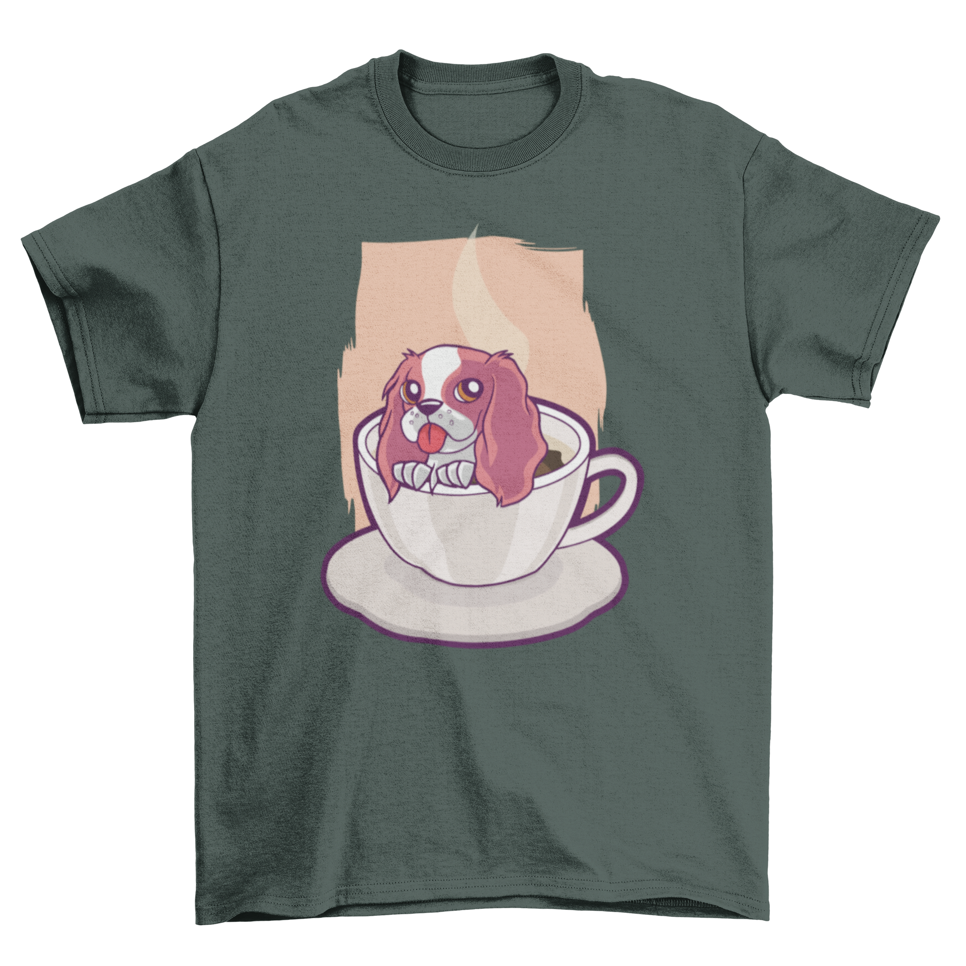 Cute t-shirt featuring a playful puppy inside a coffee cup, perfect for dog lovers.