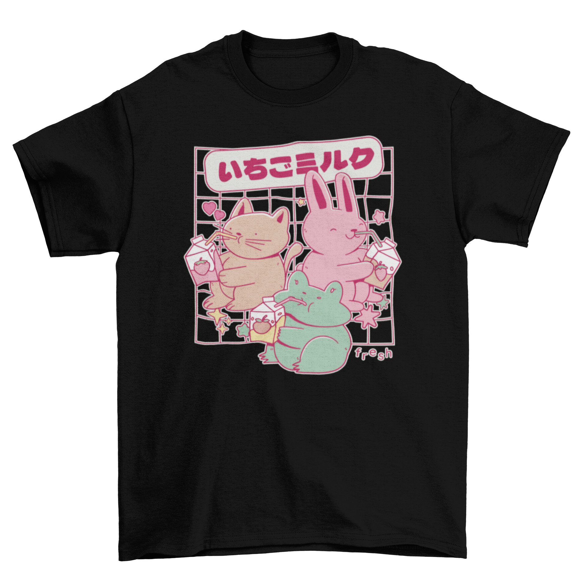 Cute t-shirt featuring a rabbit, cat, and frog drinking milk with a Japanese quote.
