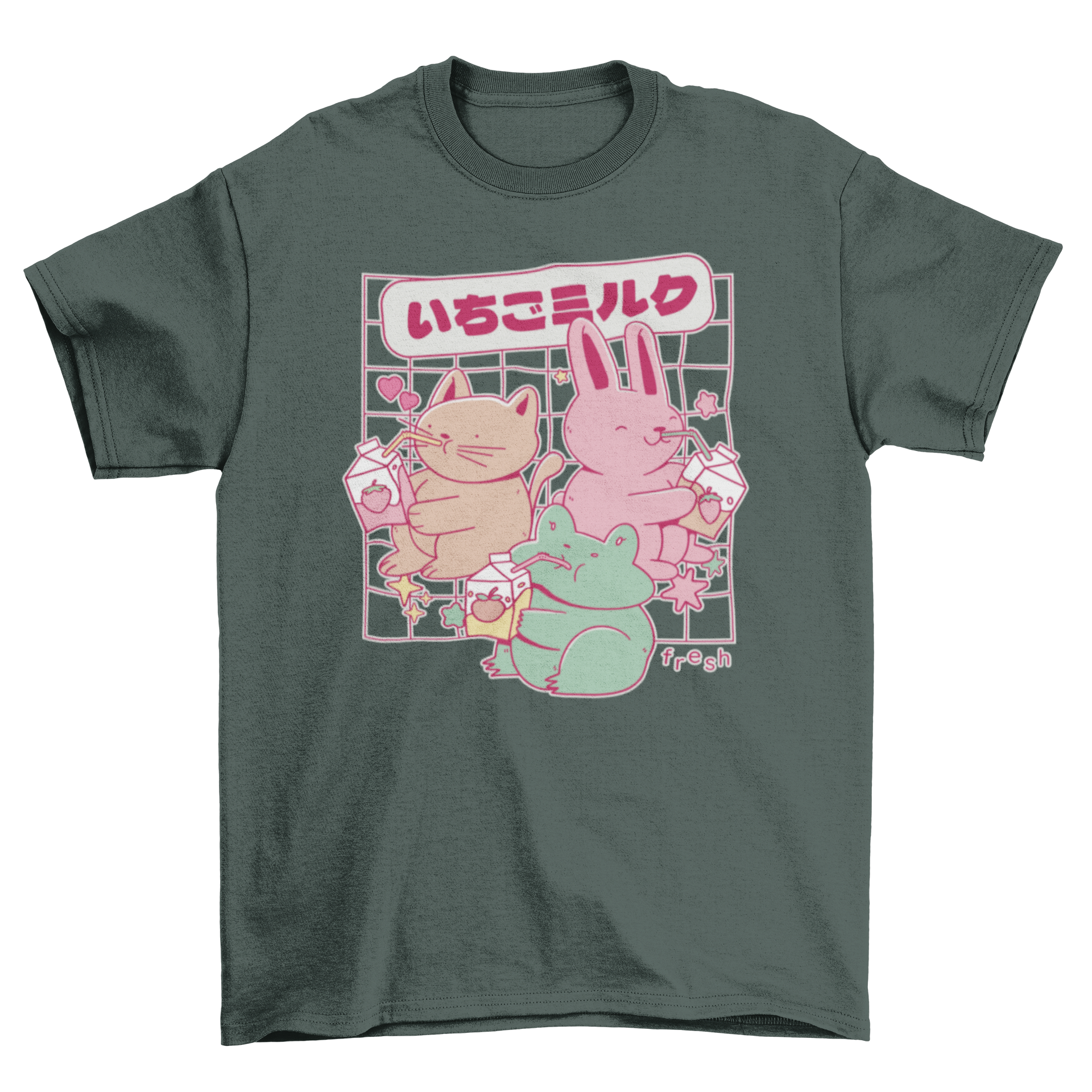 Cute t-shirt featuring a rabbit, cat, and frog drinking milk with a Japanese quote.