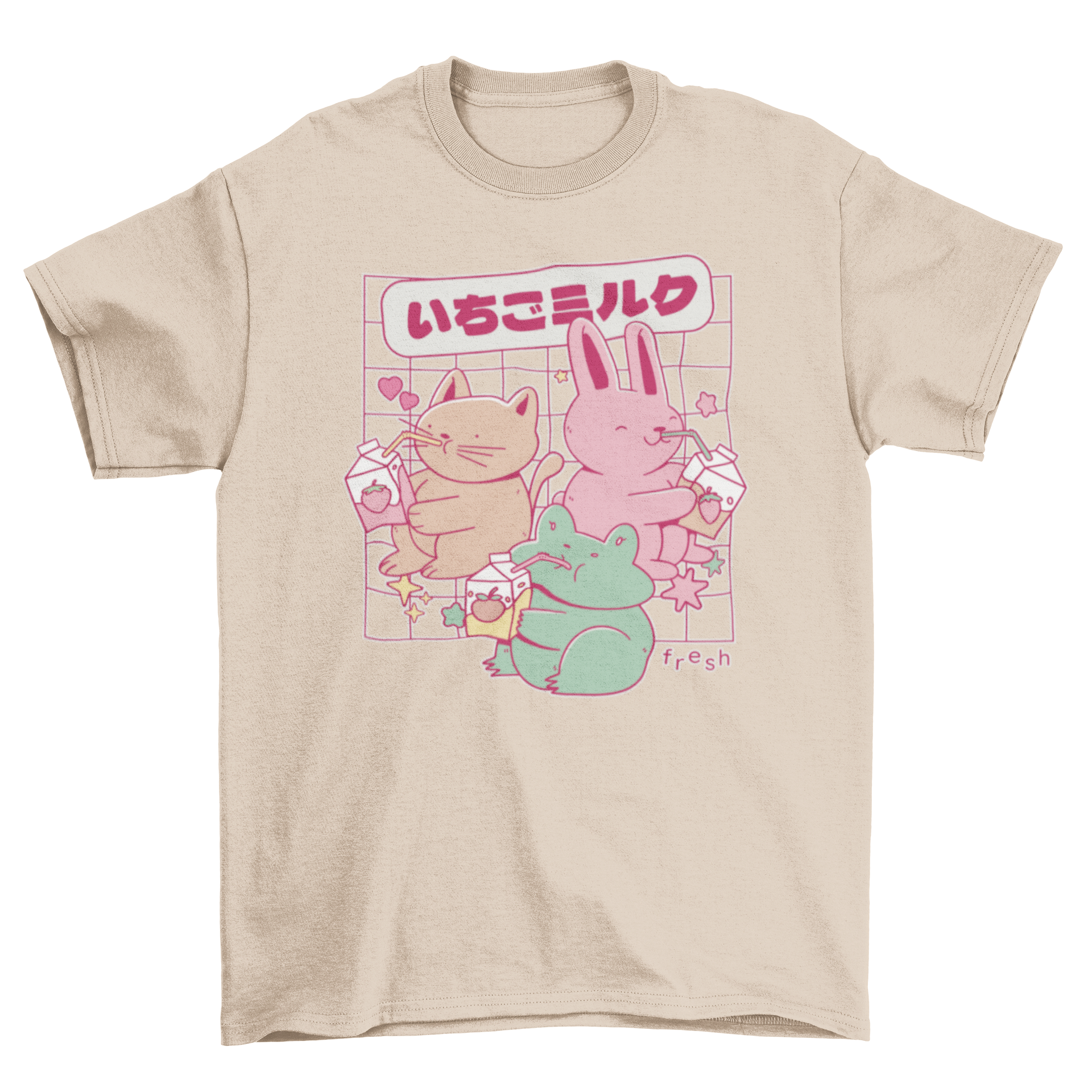 Cute t-shirt featuring a rabbit, cat, and frog drinking milk with a Japanese quote.