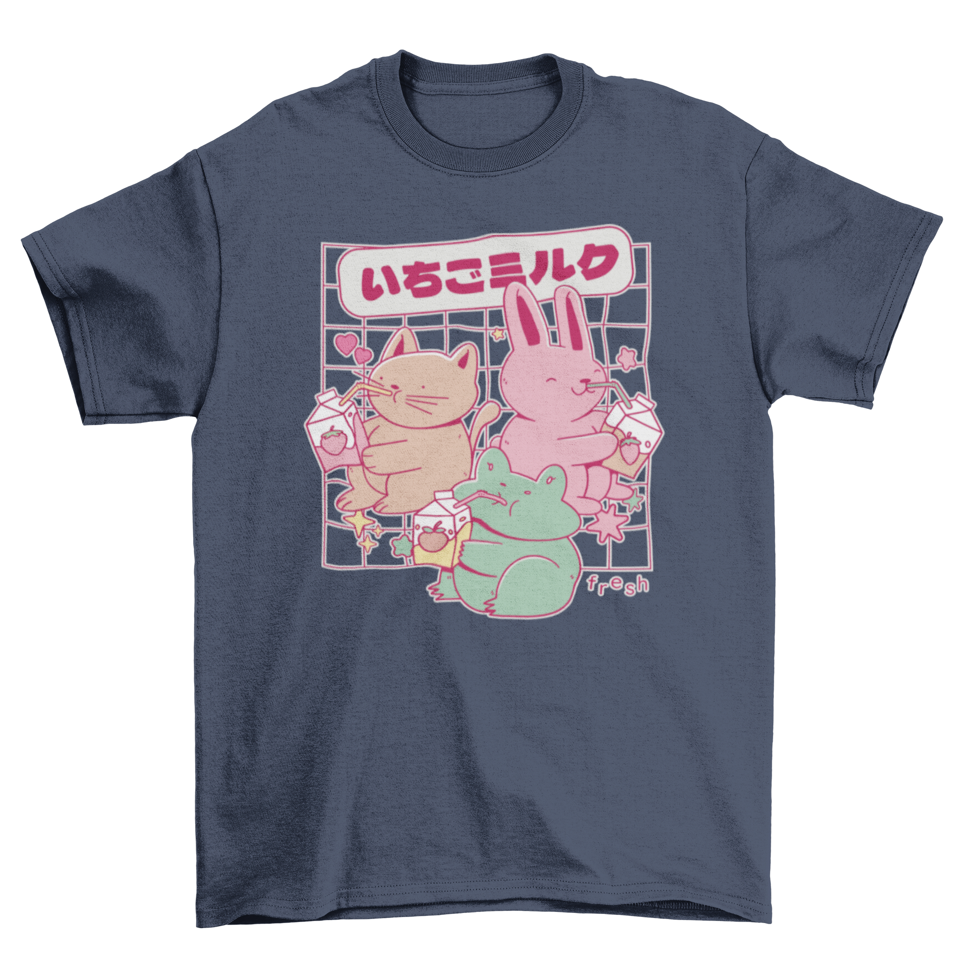 Cute t-shirt featuring a rabbit, cat, and frog drinking milk with a Japanese quote.