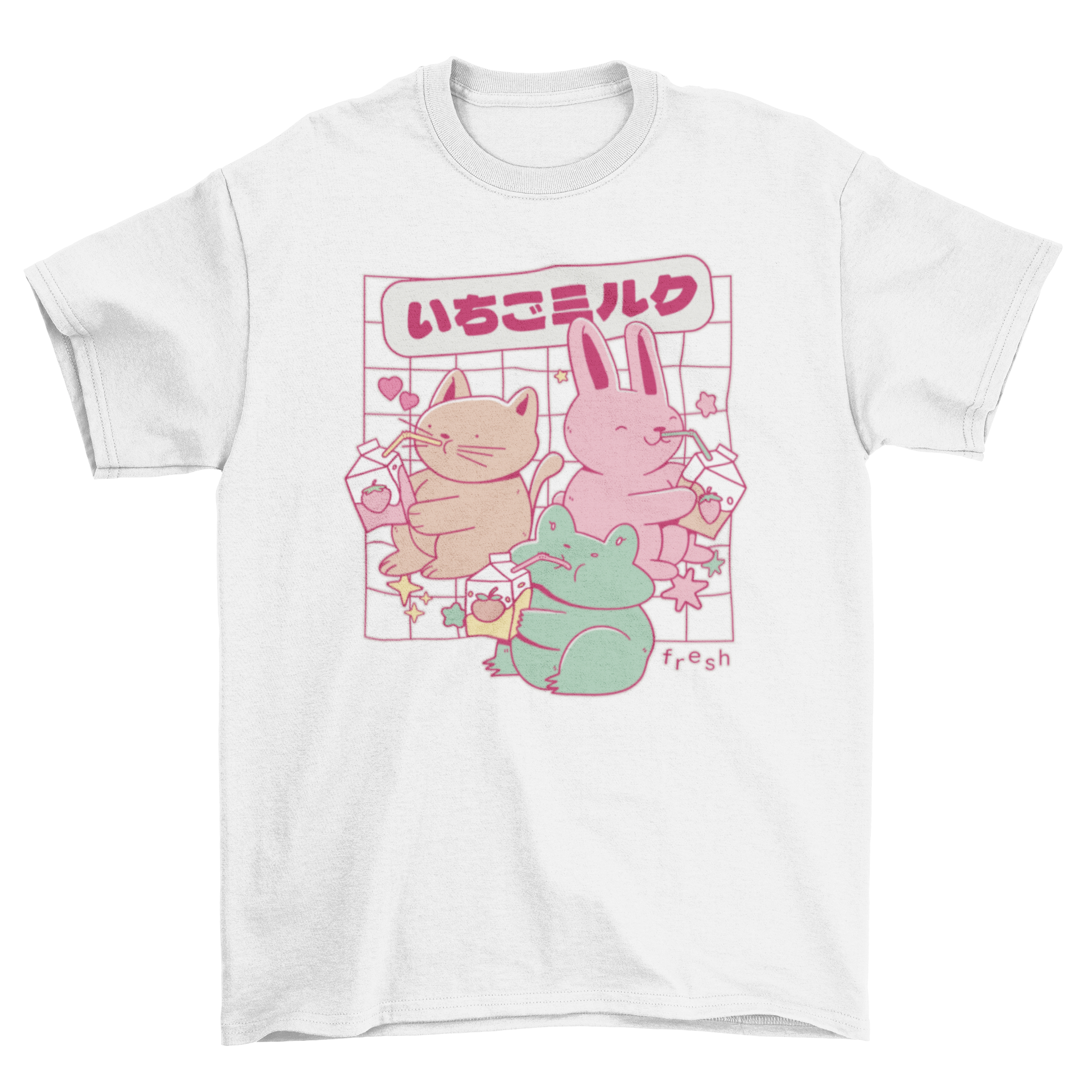 Cute t-shirt featuring a rabbit, cat, and frog drinking milk with a Japanese quote.