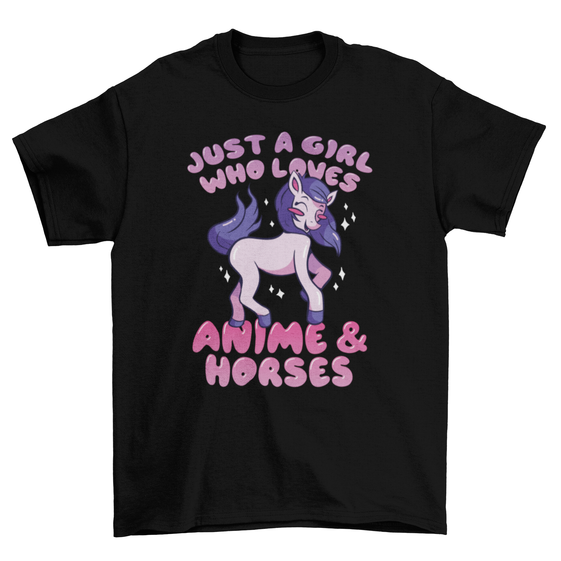 Cute anime and horses t-shirt featuring a pink horse and the quote 'Just a girl who loves anime & horses'.