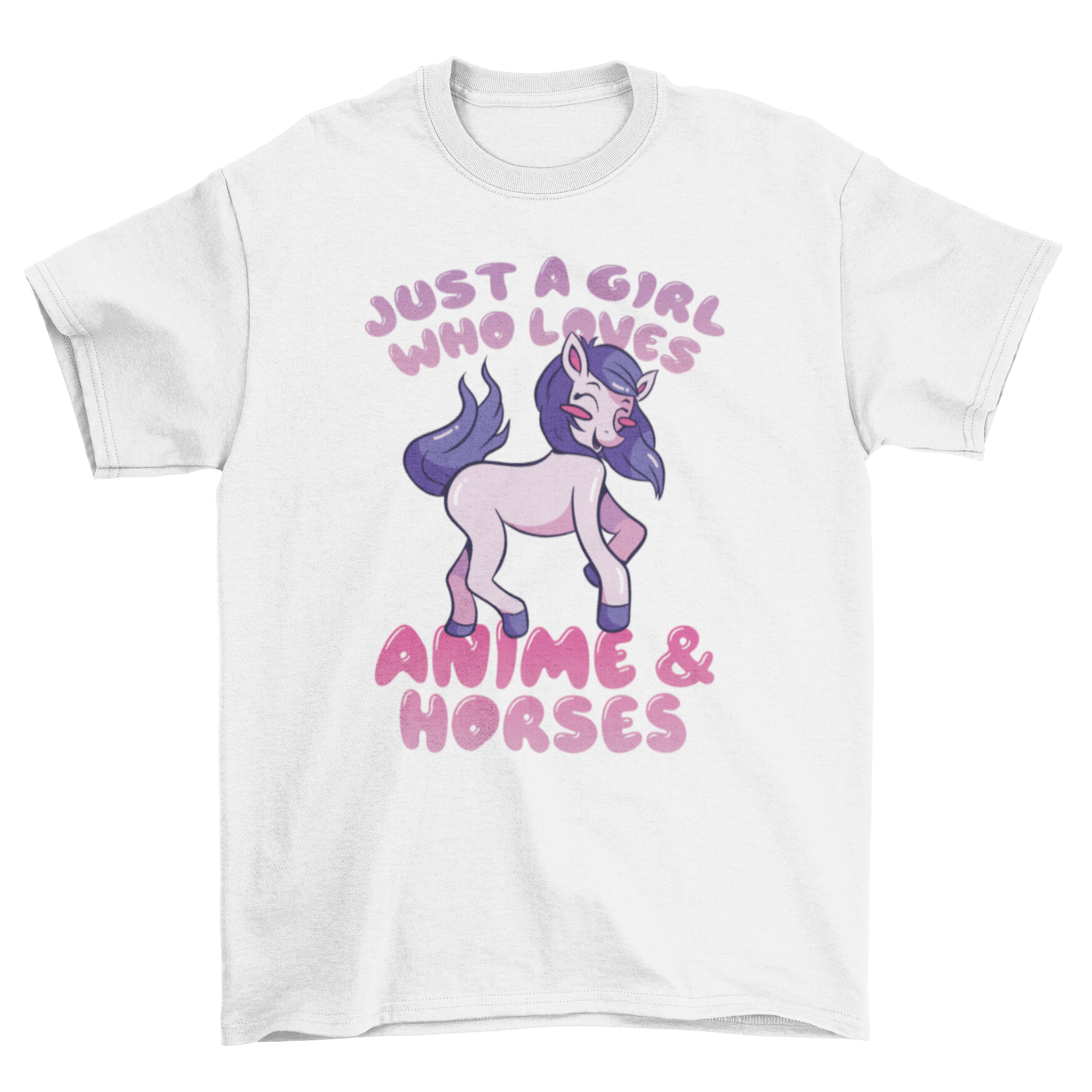 Cute anime and horses t-shirt featuring a pink horse and the quote 'Just a girl who loves anime & horses'.