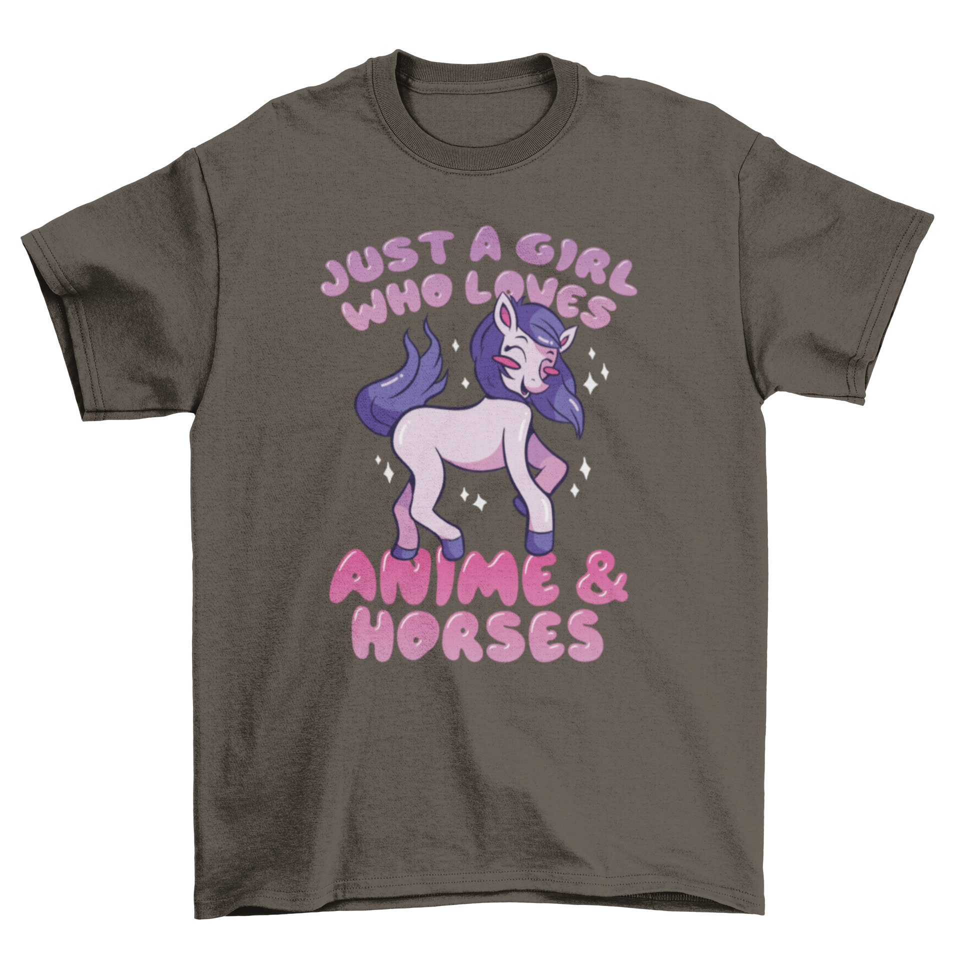 Cute anime and horses t-shirt featuring a pink horse and the quote 'Just a girl who loves anime & horses'.