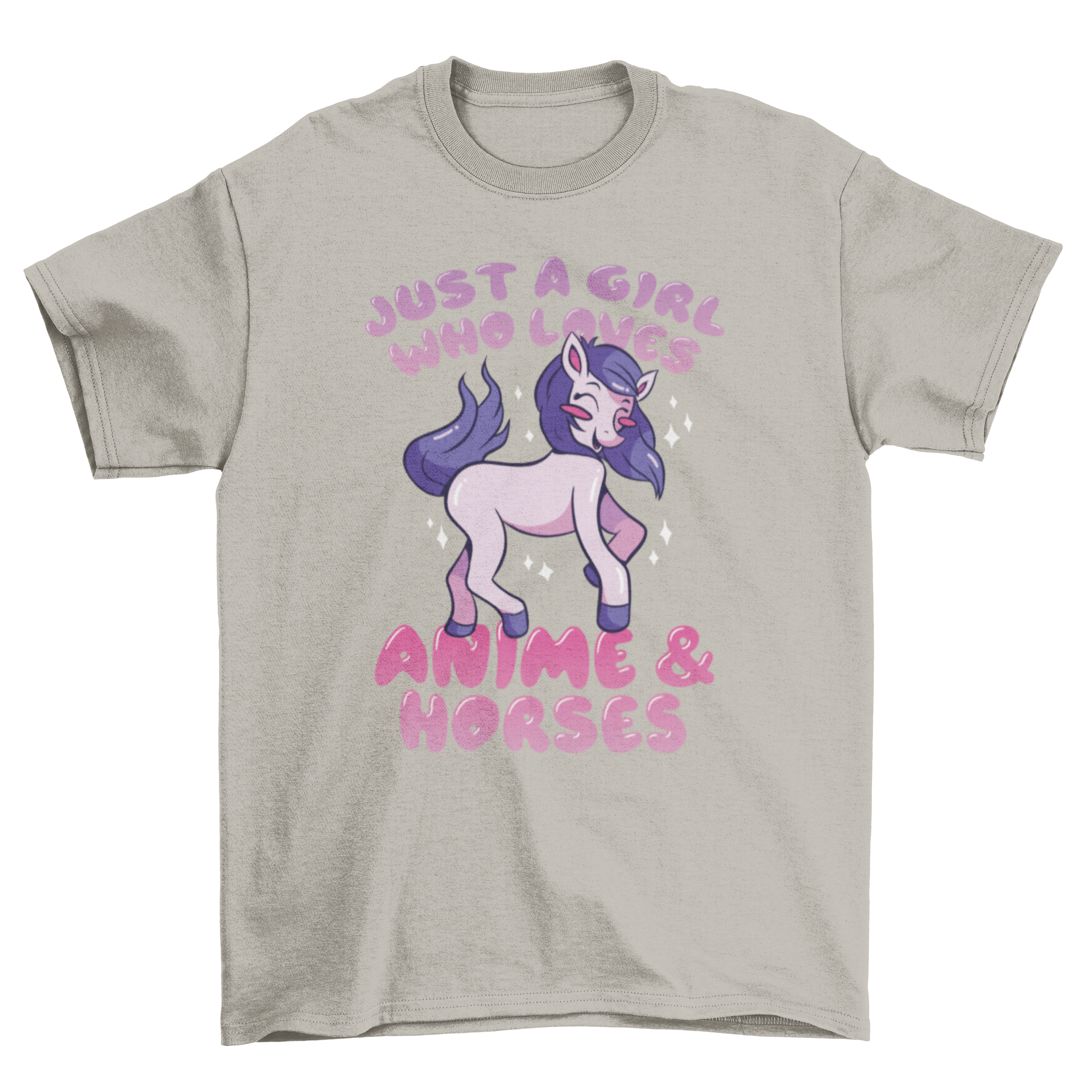 Cute anime and horses t-shirt featuring a pink horse and the quote 'Just a girl who loves anime & horses'.