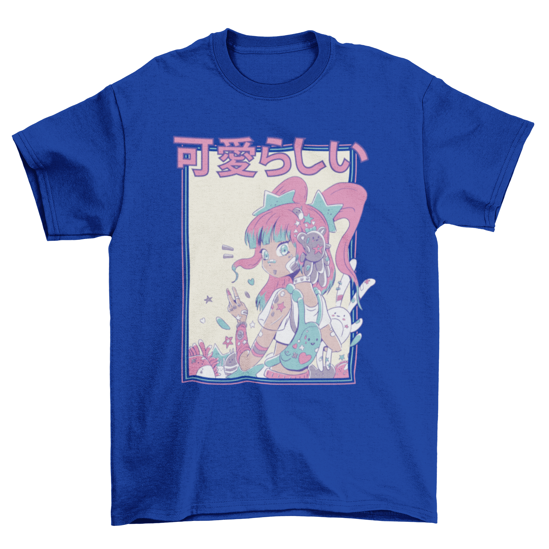 Cute anime girl holding plushie toys on a stylish t-shirt, featuring a Japanese quote.