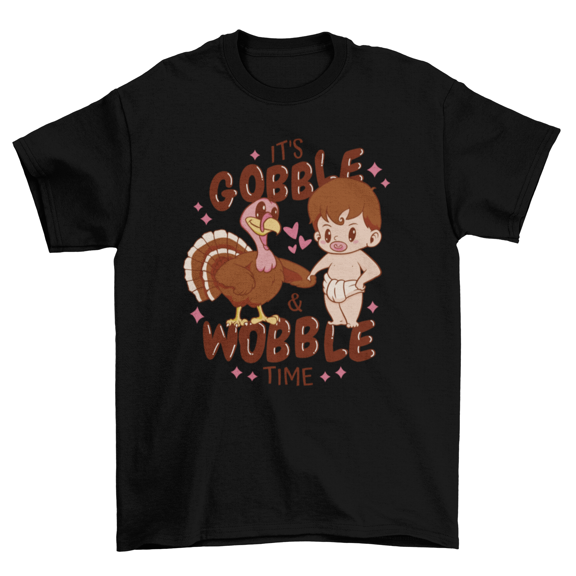 Cute Thanksgiving t-shirt featuring a baby and turkey illustration with the quote 'It's gobble & wobble time'.