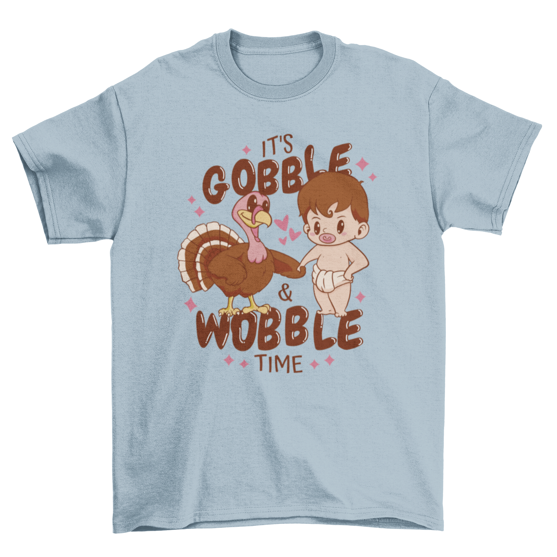 Cute Thanksgiving t-shirt featuring a baby and turkey illustration with the quote 'It's gobble & wobble time'.
