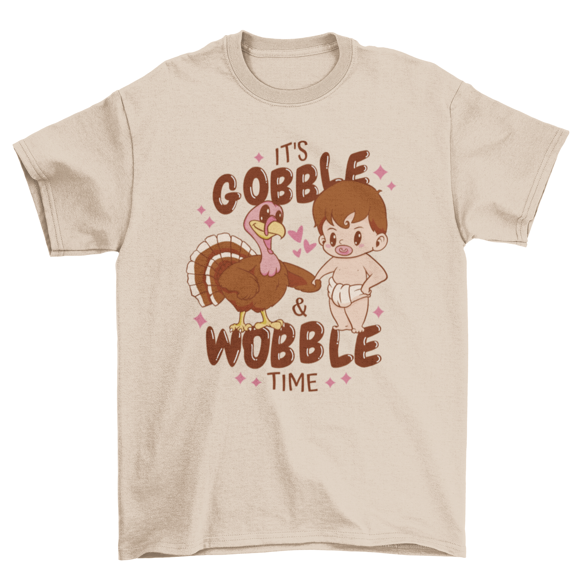 Cute Thanksgiving t-shirt featuring a baby and turkey illustration with the quote 'It's gobble & wobble time'.