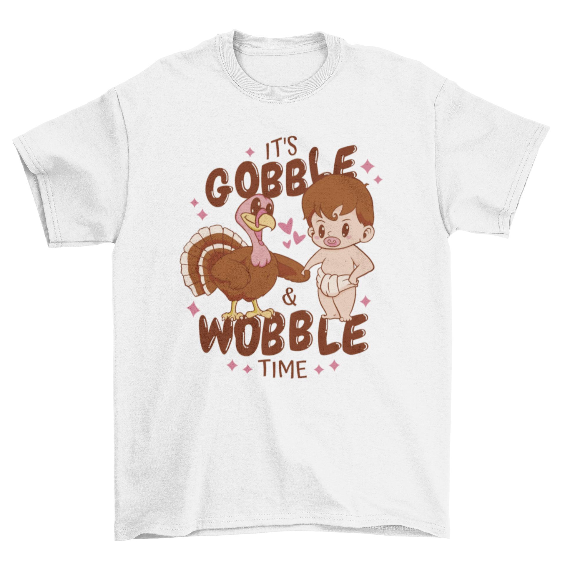 Cute Thanksgiving t-shirt featuring a baby and turkey illustration with the quote 'It's gobble & wobble time'.