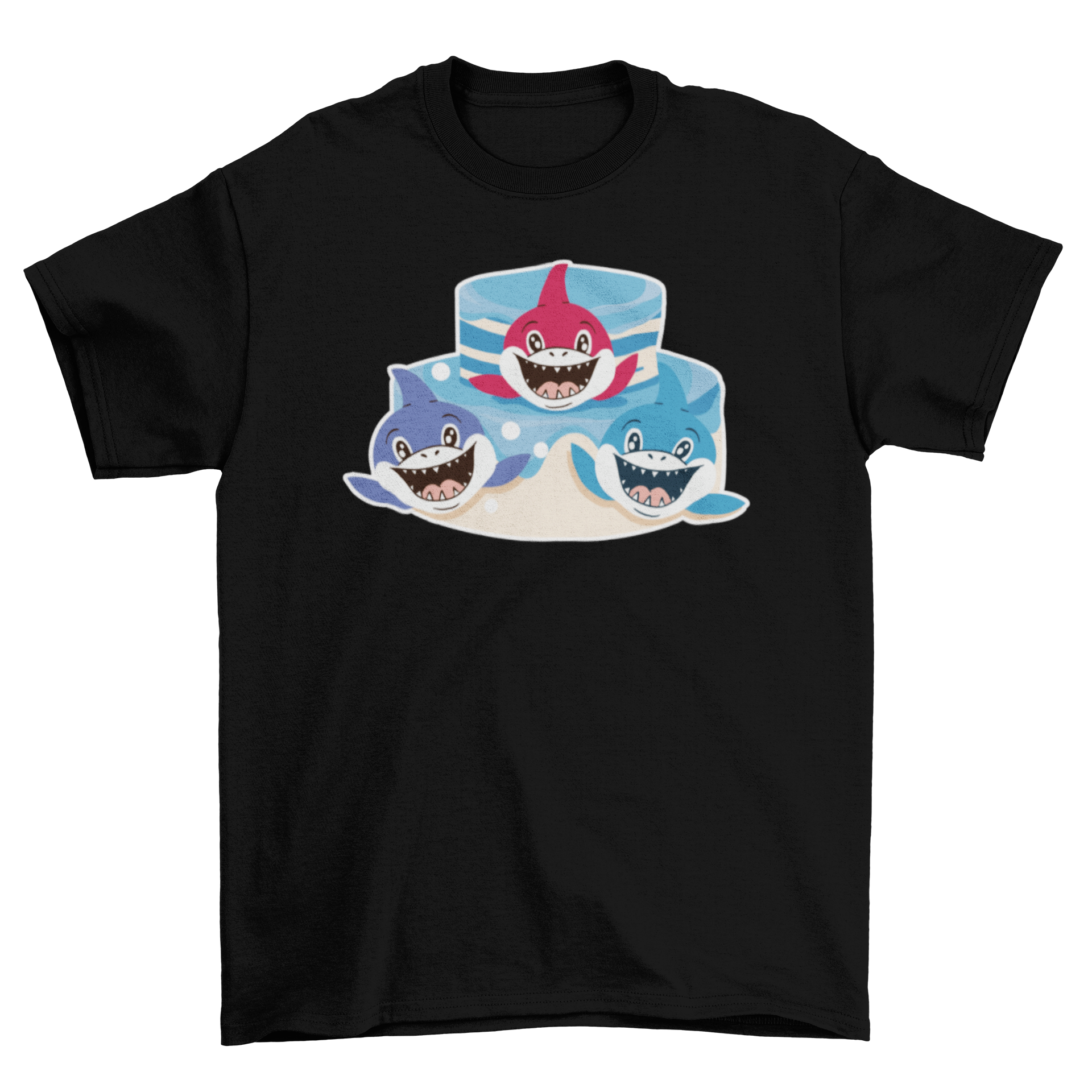 Cute Baby Animal Shark Friends T-shirt featuring three playful baby sharks in vibrant colors.