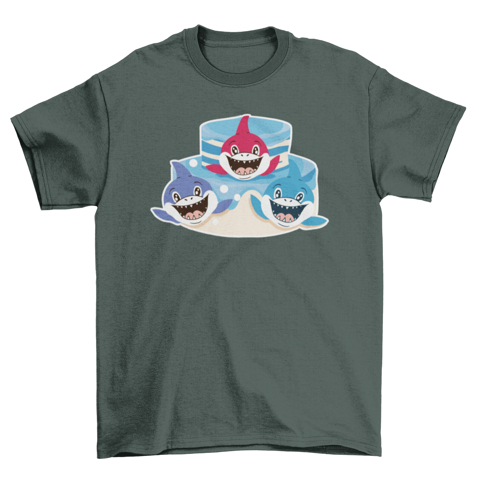 Cute Baby Animal Shark Friends T-shirt featuring three playful baby sharks in vibrant colors.