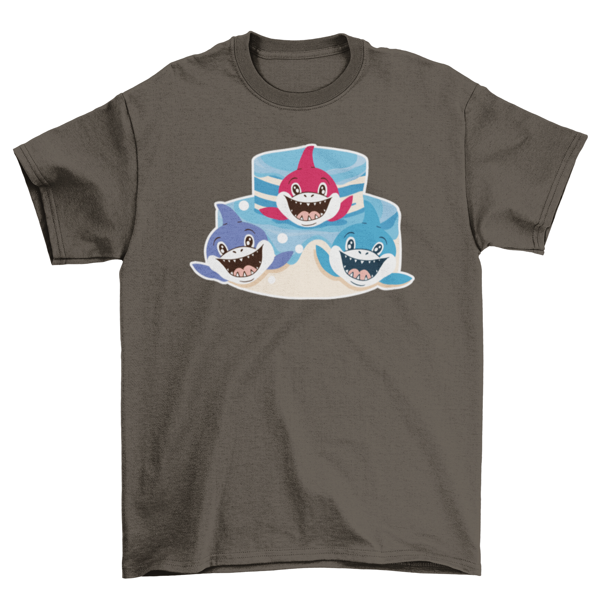Cute Baby Animal Shark Friends T-shirt featuring three playful baby sharks in vibrant colors.