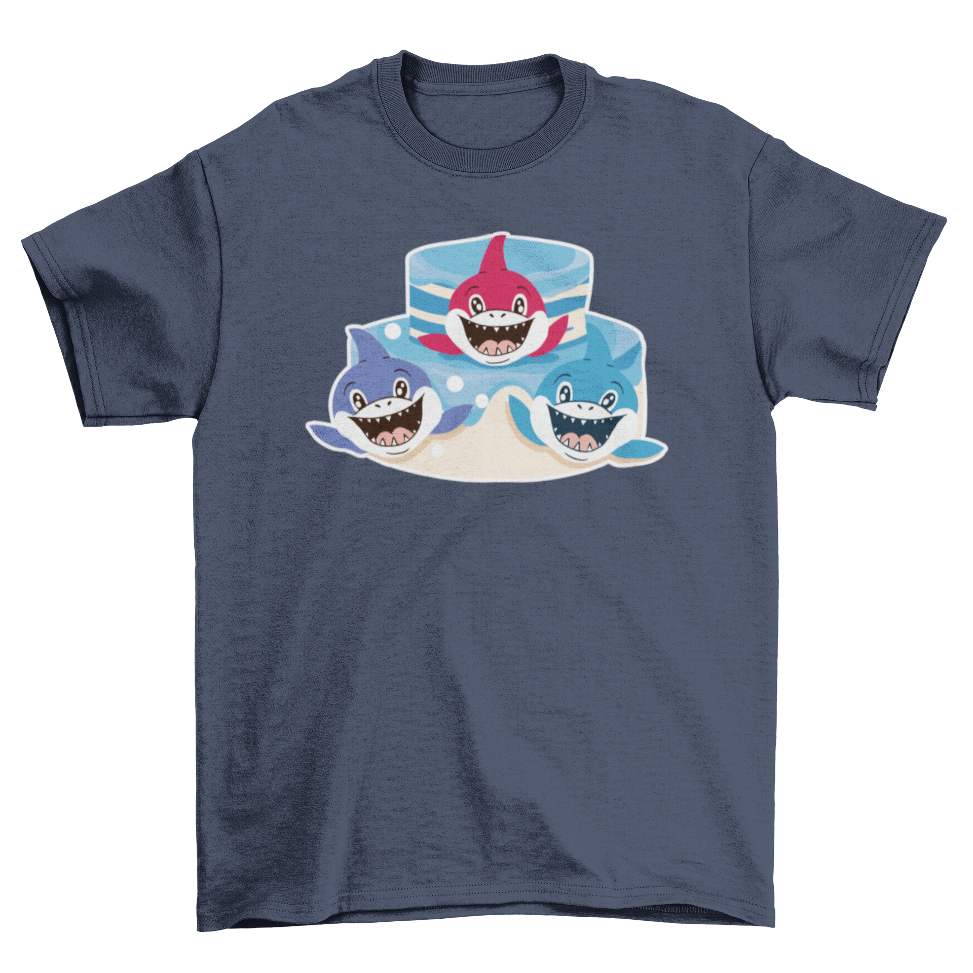 Cute Baby Animal Shark Friends T-shirt featuring three playful baby sharks in vibrant colors.