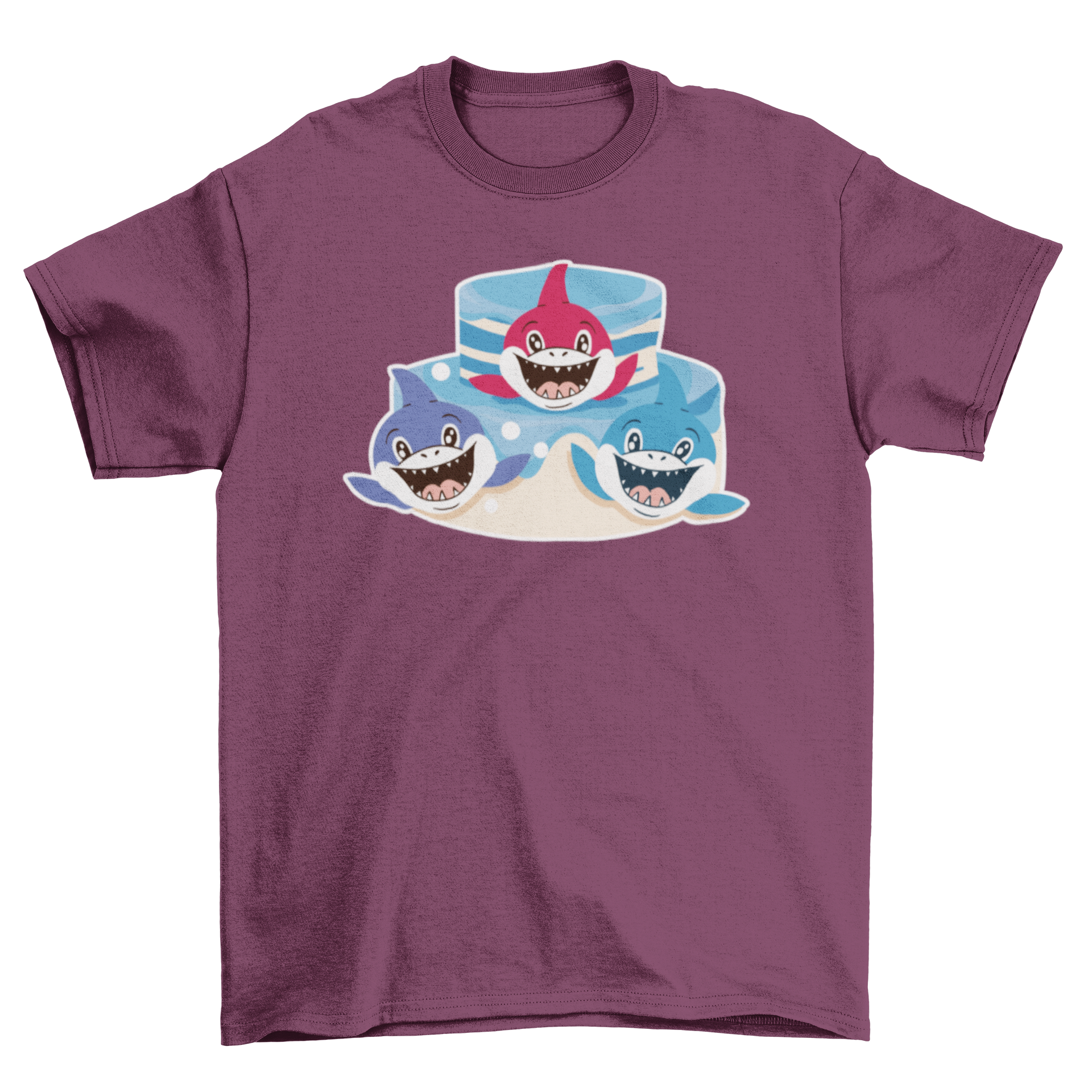 Cute Baby Animal Shark Friends T-shirt featuring three playful baby sharks in vibrant colors.