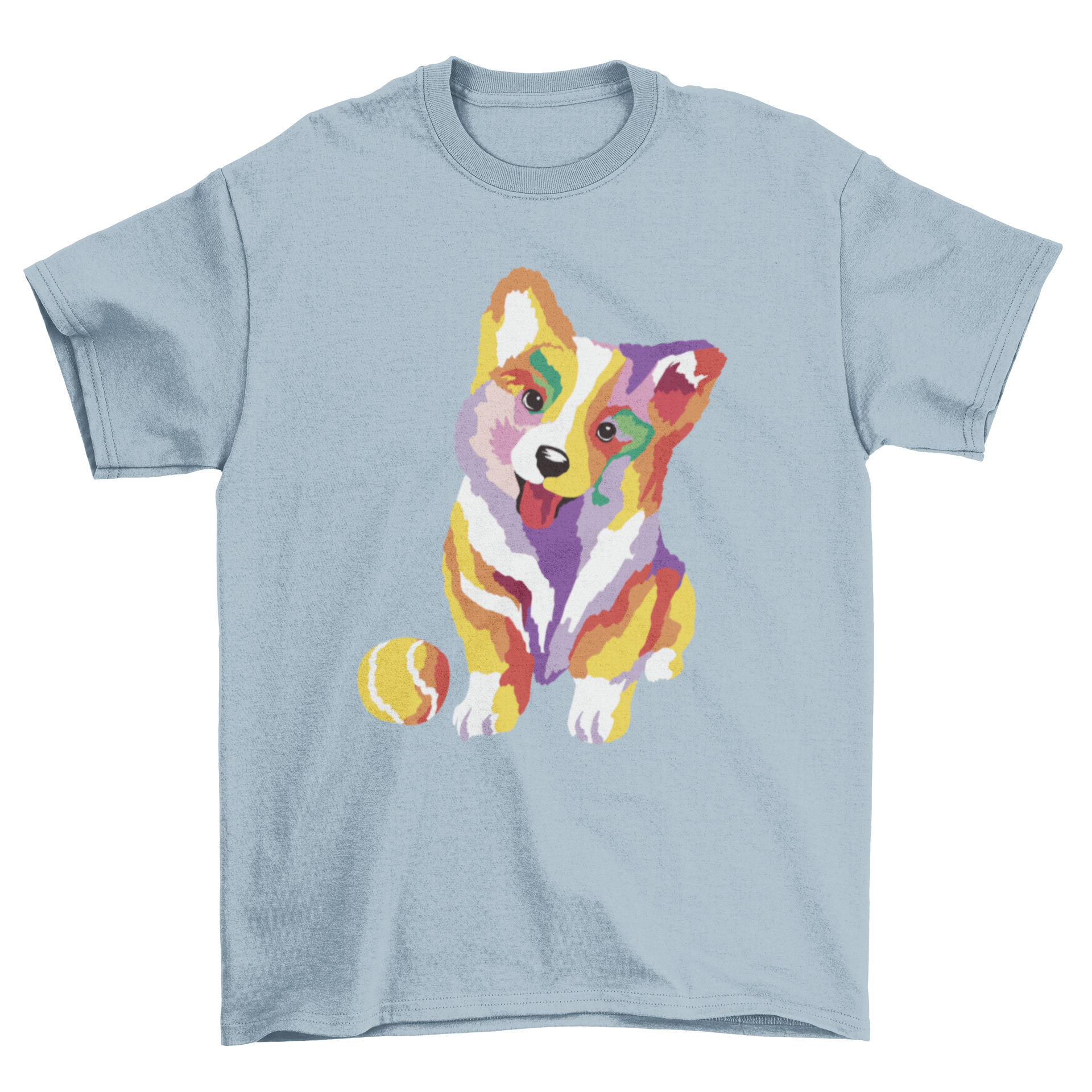 Cute baby corgi dog t-shirt featuring a colorful corgi with a ball design, perfect for kids.