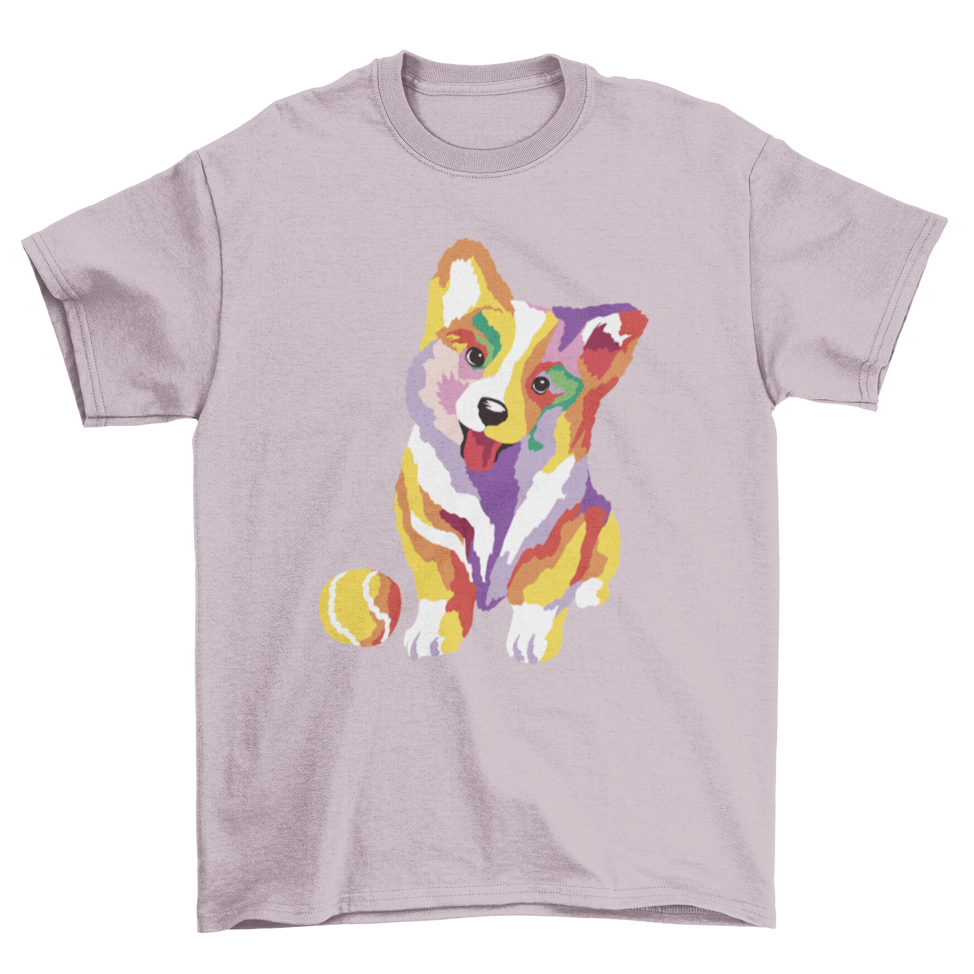 Cute baby corgi dog t-shirt featuring a colorful corgi with a ball design, perfect for kids.